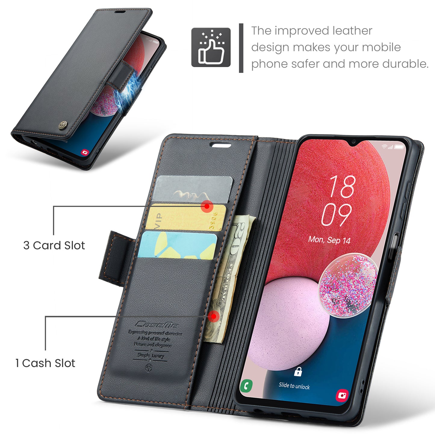 Caseme 023 Series For Samsung Galaxy A13 4G / 5G / A04s 4G / A04 4G / M13 5G Wallet Case RFID Blocking Leather Stand Phone Cover - Black