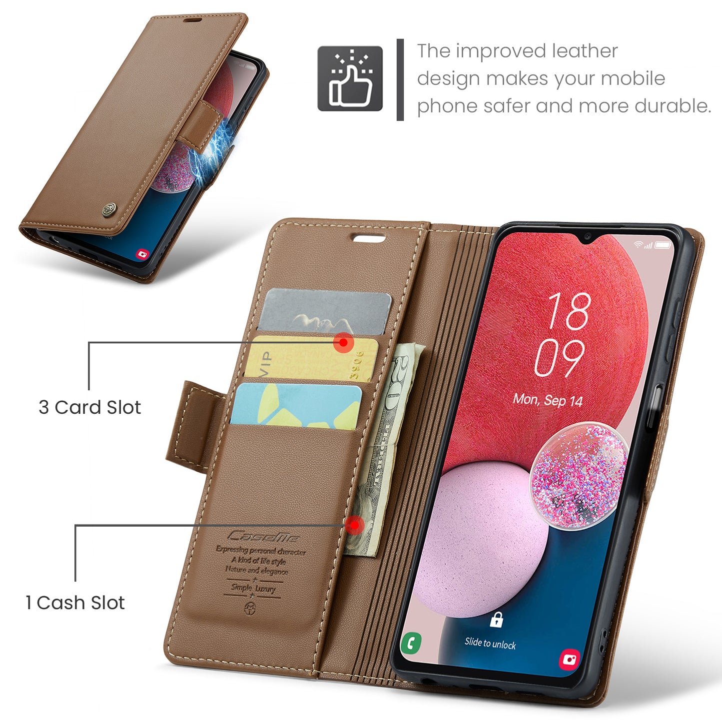 Caseme 023 Series For Samsung Galaxy A13 4G / 5G / A04s 4G / A04 4G / M13 5G Wallet Case RFID Blocking Leather Stand Phone Cover - Brown
