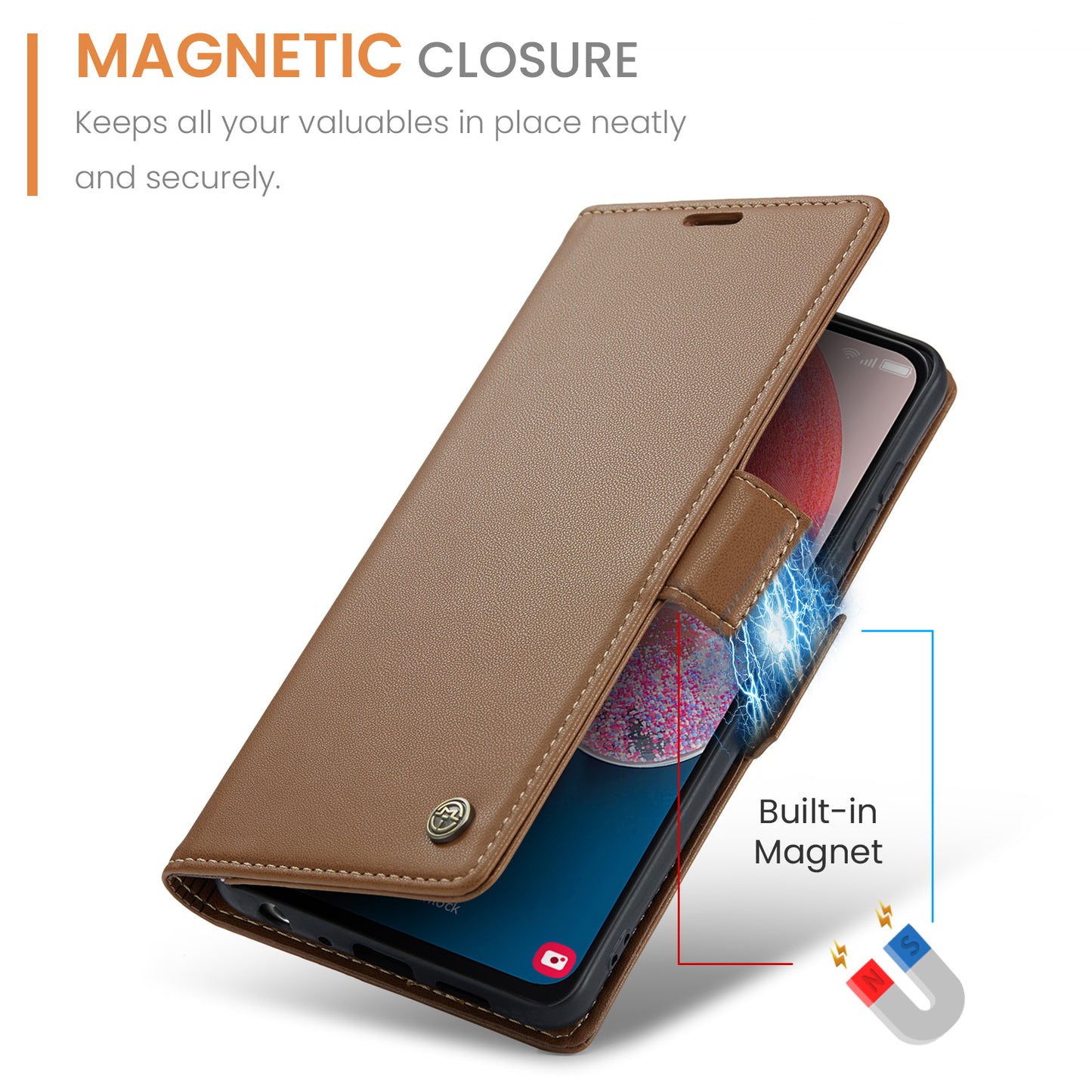Caseme 023 Series For Samsung Galaxy A13 4G / 5G / A04s 4G / A04 4G / M13 5G Wallet Case RFID Blocking Leather Stand Phone Cover - Brown