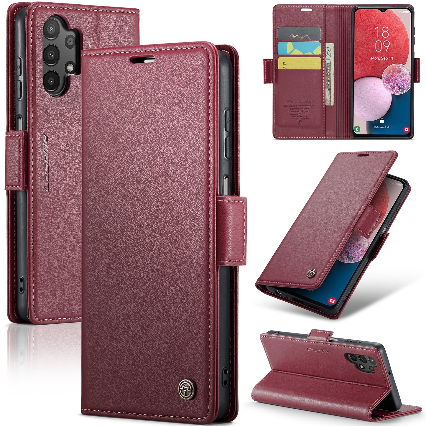 Caseme 023 Series For Samsung Galaxy A13 4G / 5G / A04s 4G / A04 4G / M13 5G Wallet Case RFID Blocking Leather Stand Phone Cover - Red