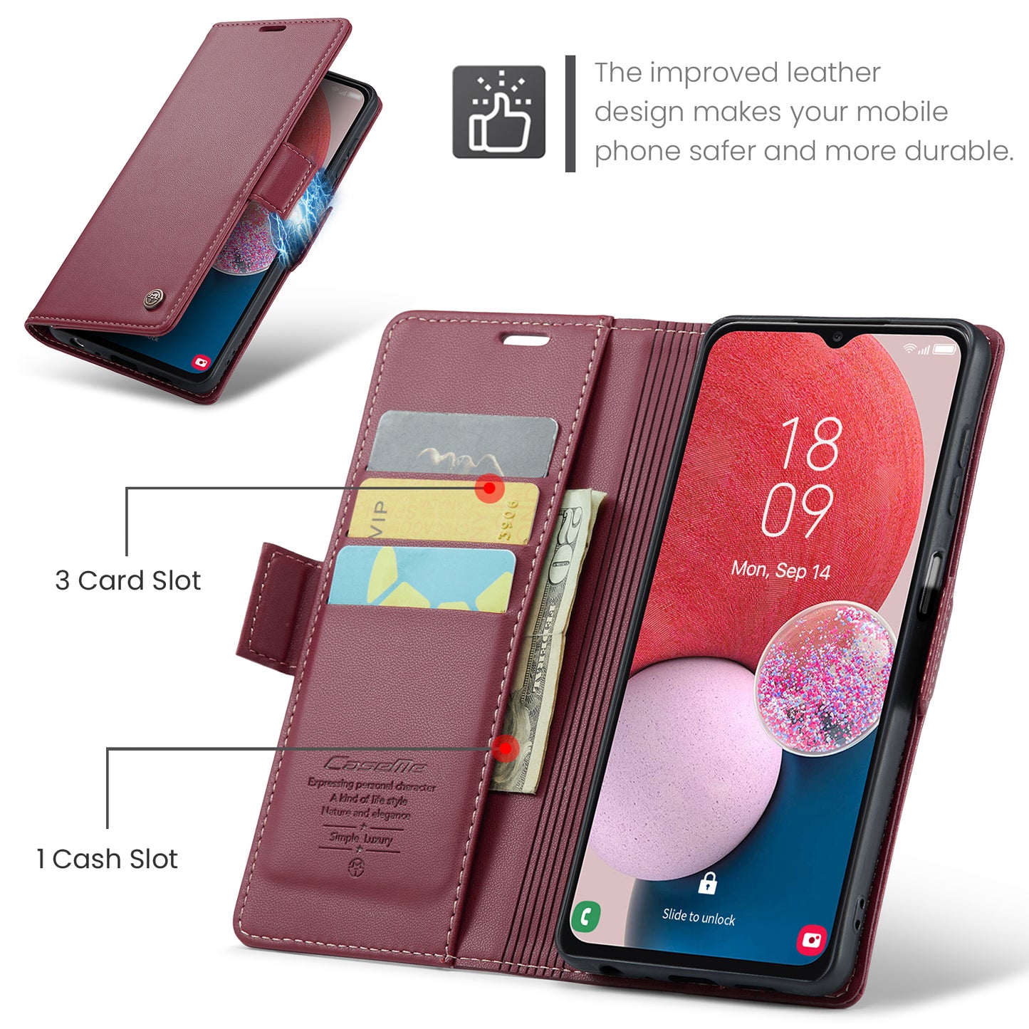Caseme 023 Series For Samsung Galaxy A13 4G / 5G / A04s 4G / A04 4G / M13 5G Wallet Case RFID Blocking Leather Stand Phone Cover - Red