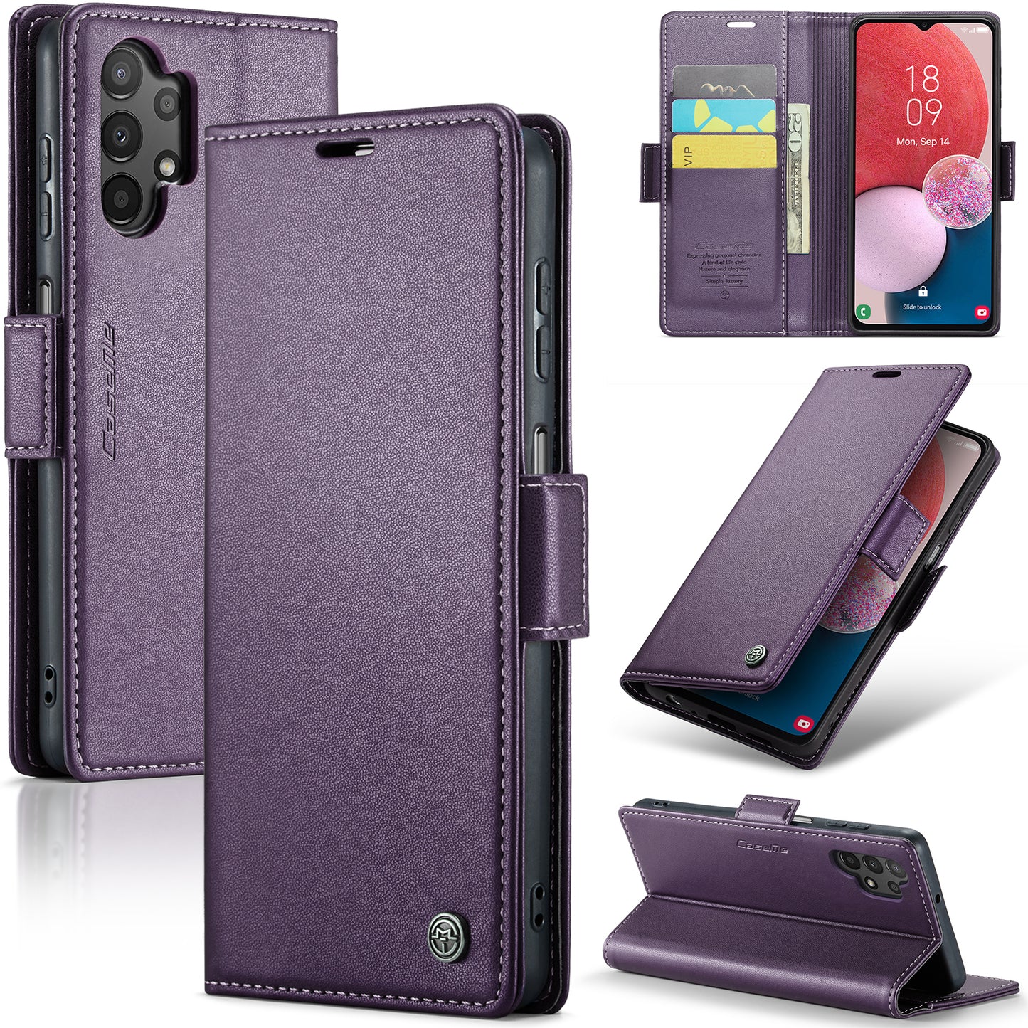 Caseme 023 Series For Samsung Galaxy A13 4G / 5G / A04s 4G / A04 4G / M13 5G Wallet Case RFID Blocking Leather Stand Phone Cover - Purple