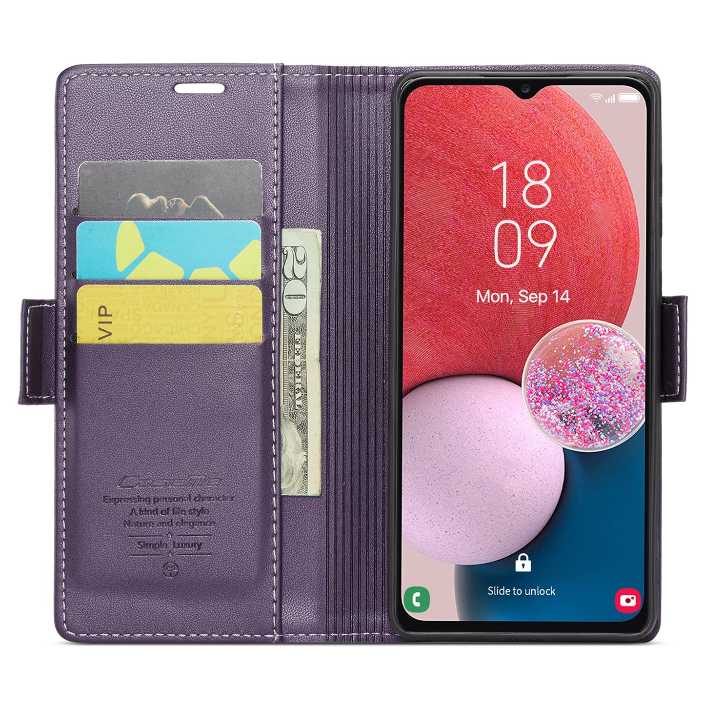 Caseme 023 Series For Samsung Galaxy A13 4G / 5G / A04s 4G / A04 4G / M13 5G Wallet Case RFID Blocking Leather Stand Phone Cover - Purple