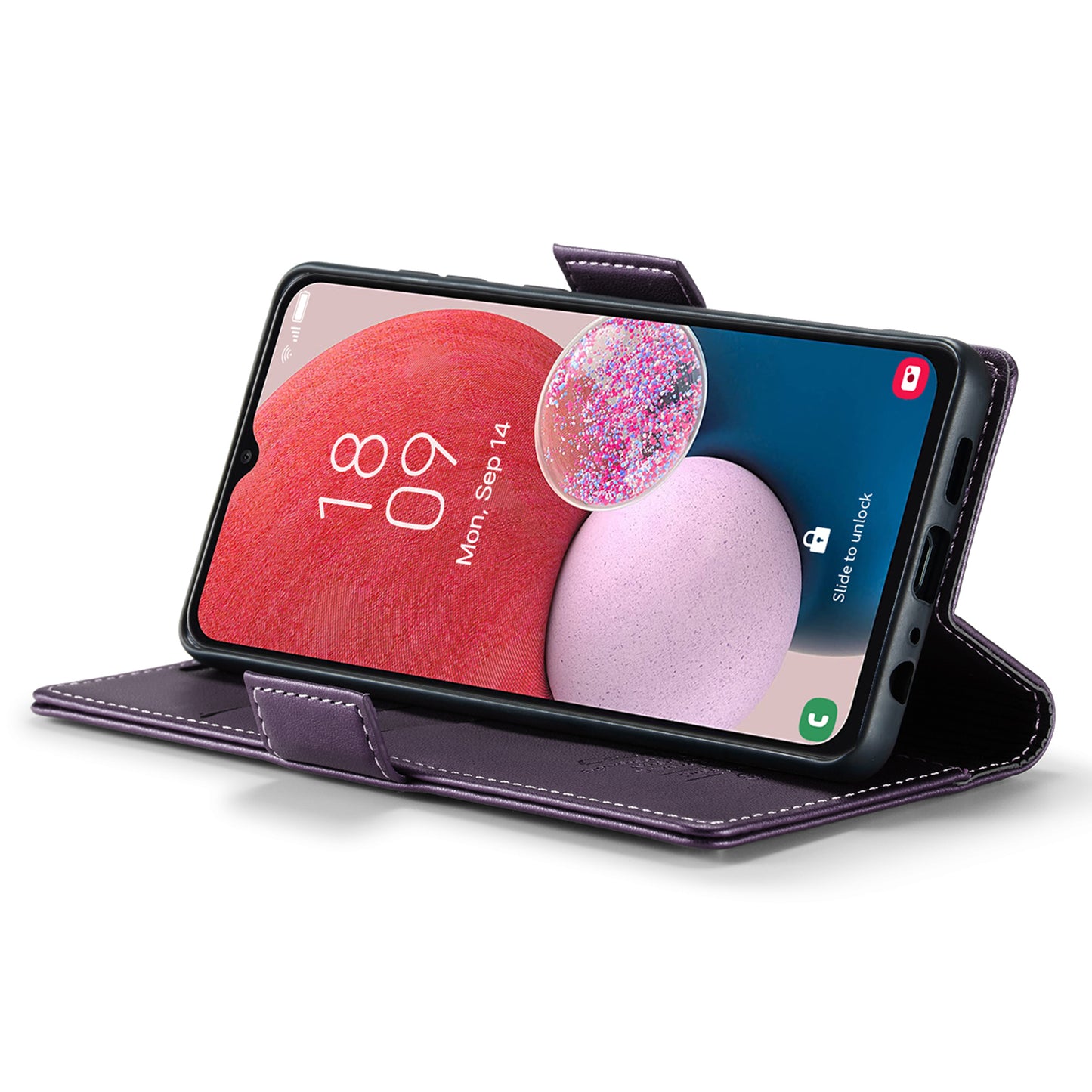 Caseme 023 Series For Samsung Galaxy A13 4G / 5G / A04s 4G / A04 4G / M13 5G Wallet Case RFID Blocking Leather Stand Phone Cover - Purple