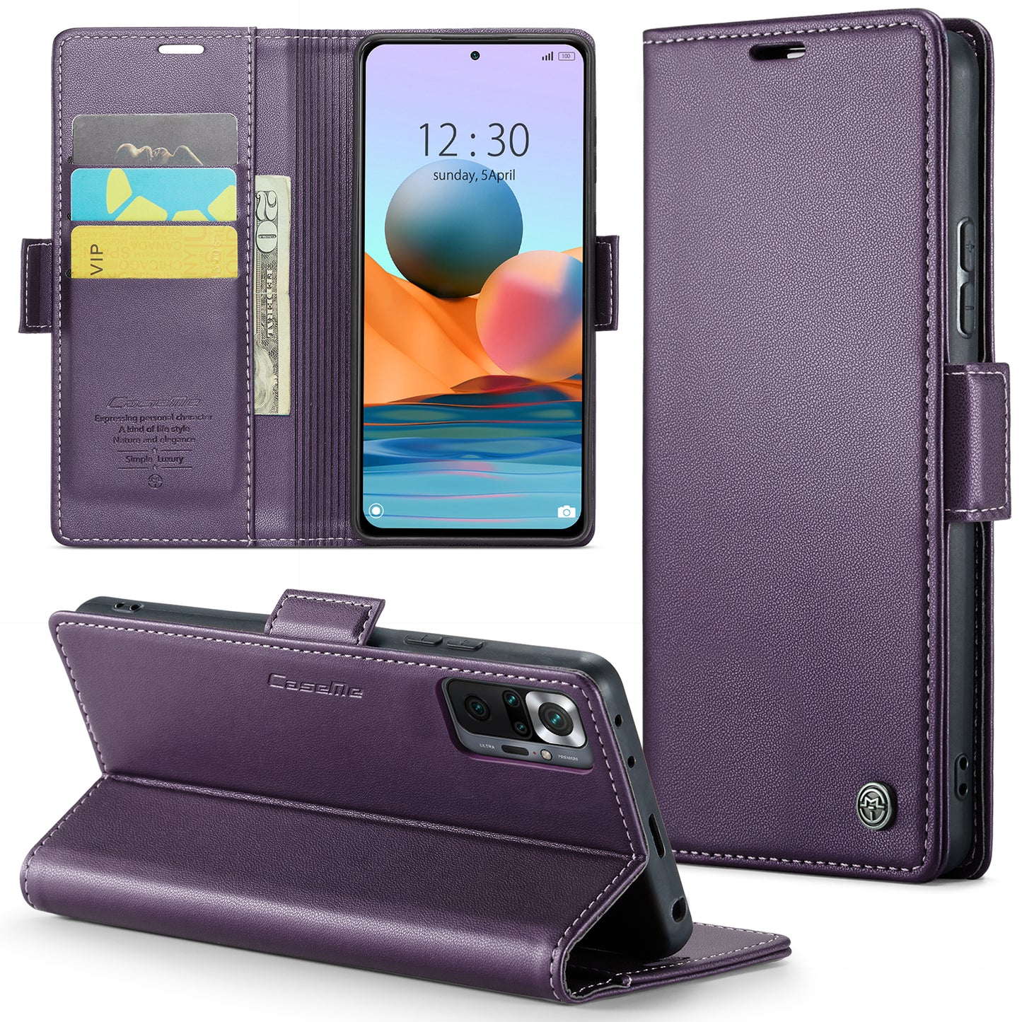 Caseme 023 Series Phone Case for Xiaomi Redmi Note 10 Pro 4G (India) / (Global) / Note 10 Pro Max 4G RFID Blocking Wallet Stand Leather Cover - Purple