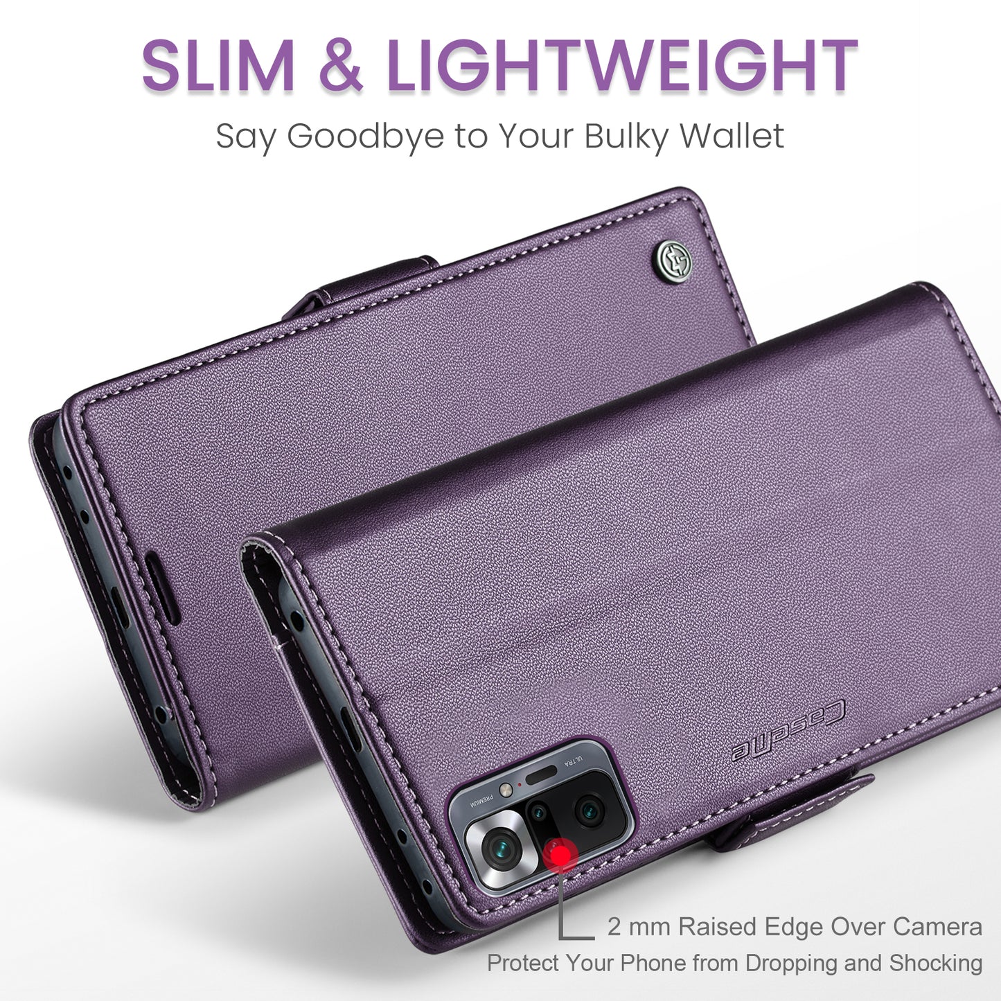 Caseme 023 Series Phone Case for Xiaomi Redmi Note 10 Pro 4G (India) / (Global) / Note 10 Pro Max 4G RFID Blocking Wallet Stand Leather Cover - Purple