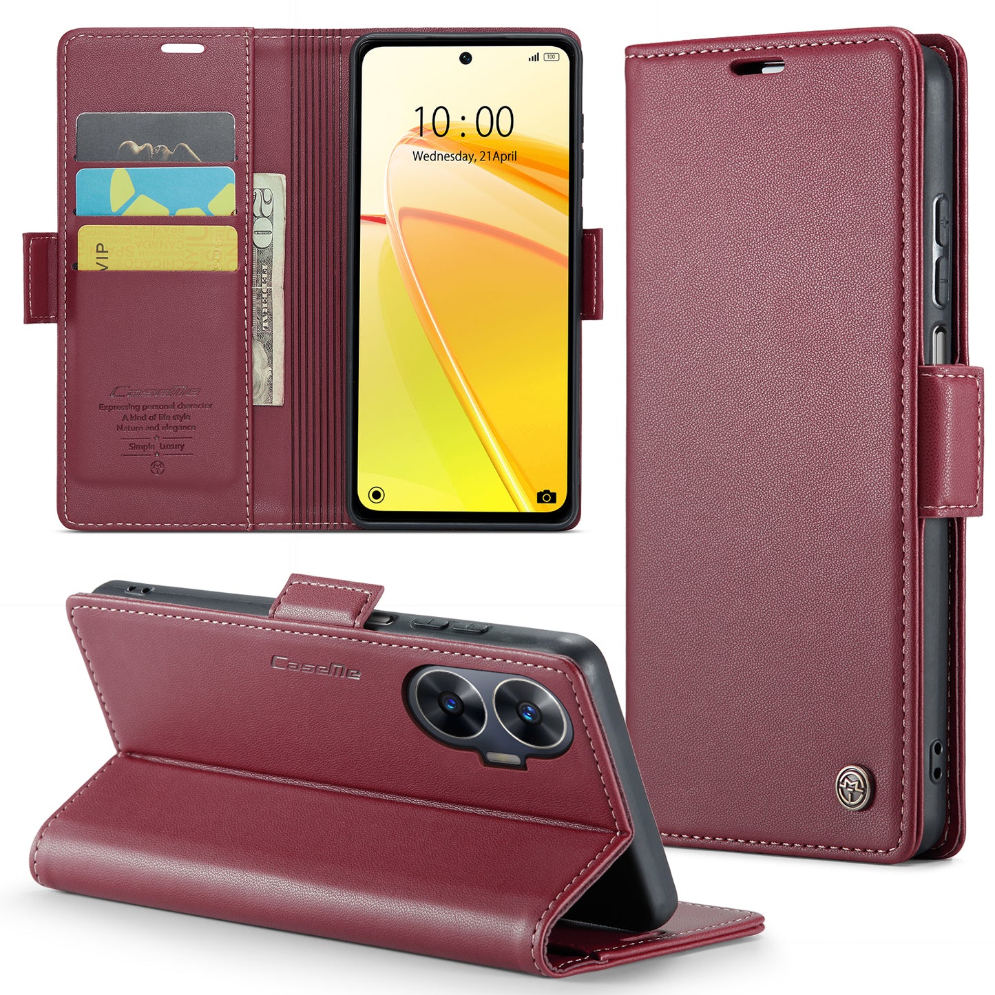 Caseme RFID Blocking Leather Case for Realme C55 , Wallet Stand Anti-drop Phone Cover - Red