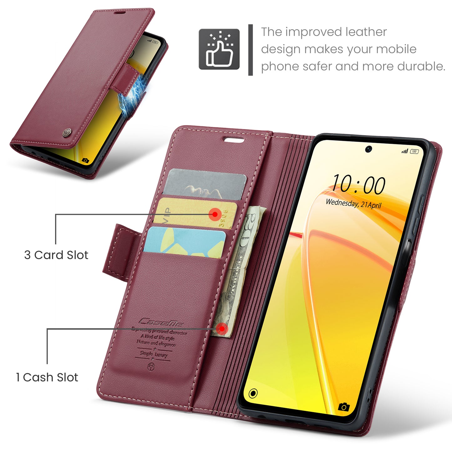 Caseme RFID Blocking Leather Case for Realme C55 , Wallet Stand Anti-drop Phone Cover - Red