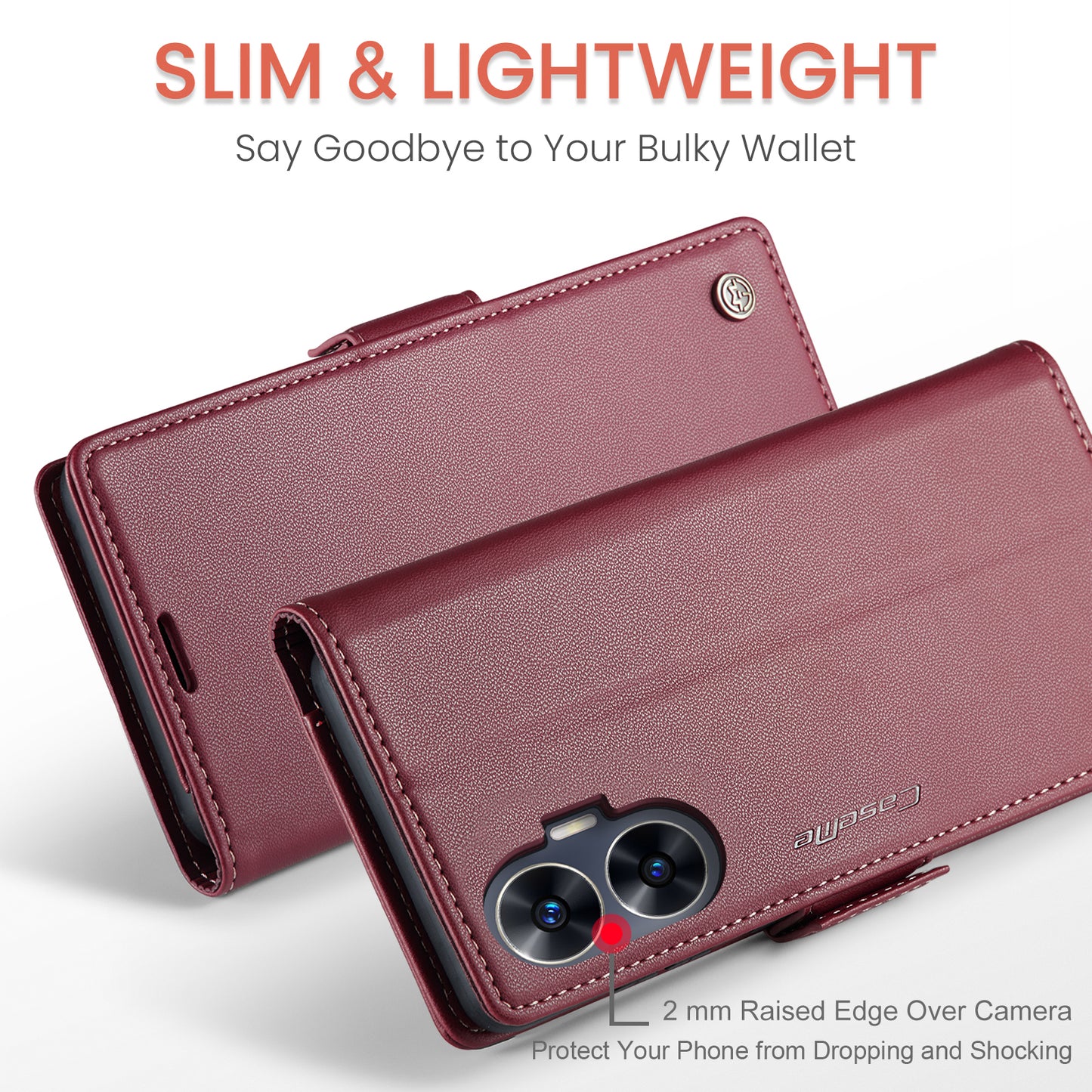Caseme RFID Blocking Leather Case for Realme C55 , Wallet Stand Anti-drop Phone Cover - Red