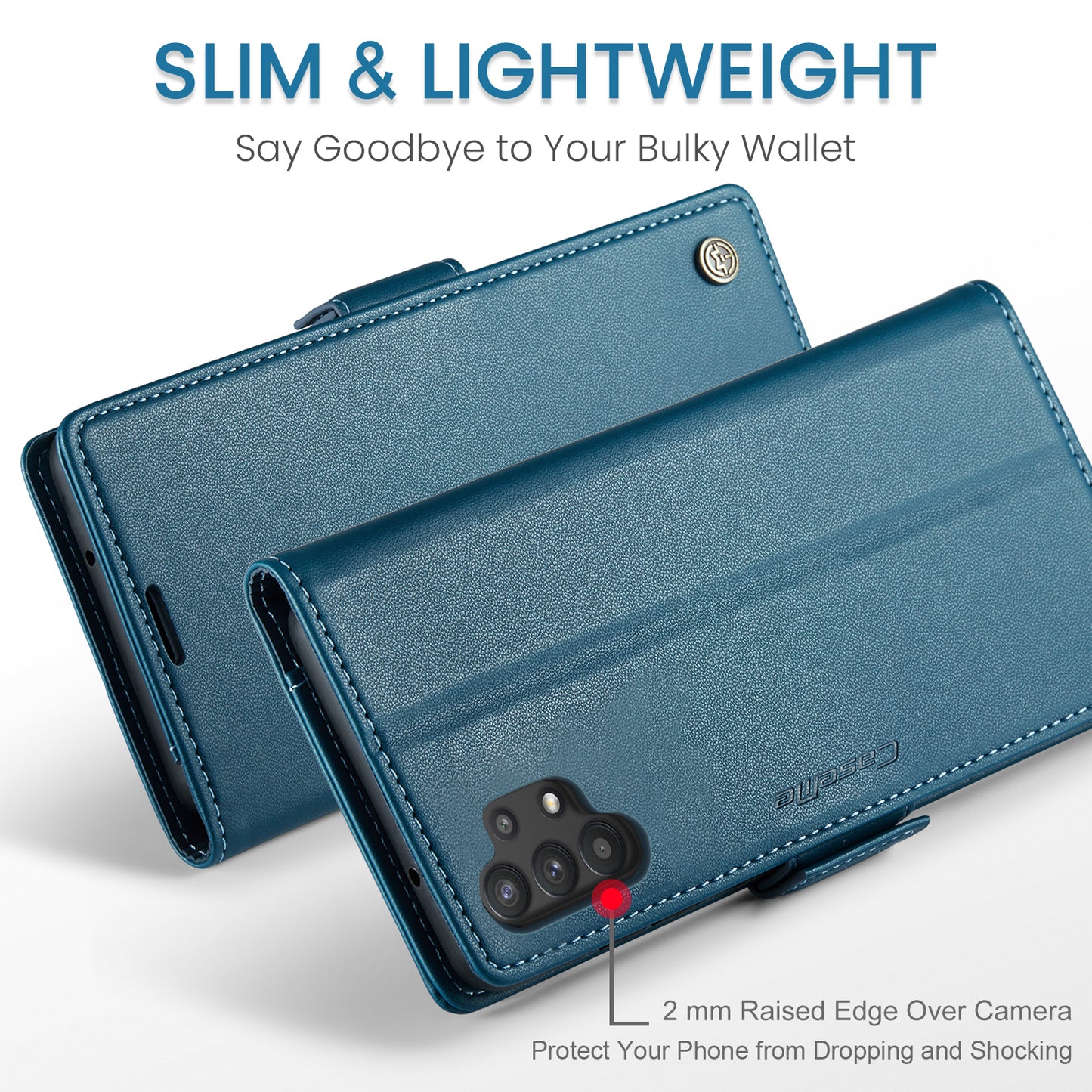 Caseme 023 Series For Samsung Galaxy A32 5G / M32 5G RFID Blocking Phone Wallet Case PU Leather Stand Phone Cover - Blue