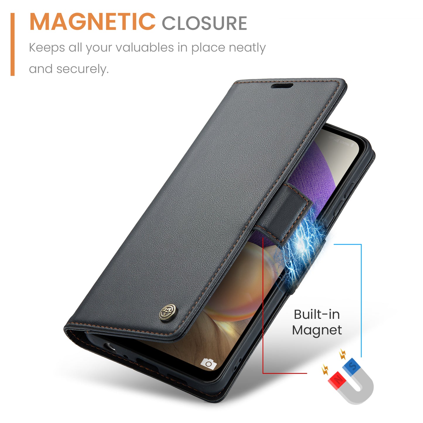 Caseme 023 Series For Samsung Galaxy A32 5G / M32 5G RFID Blocking Phone Wallet Case PU Leather Stand Phone Cover - Black