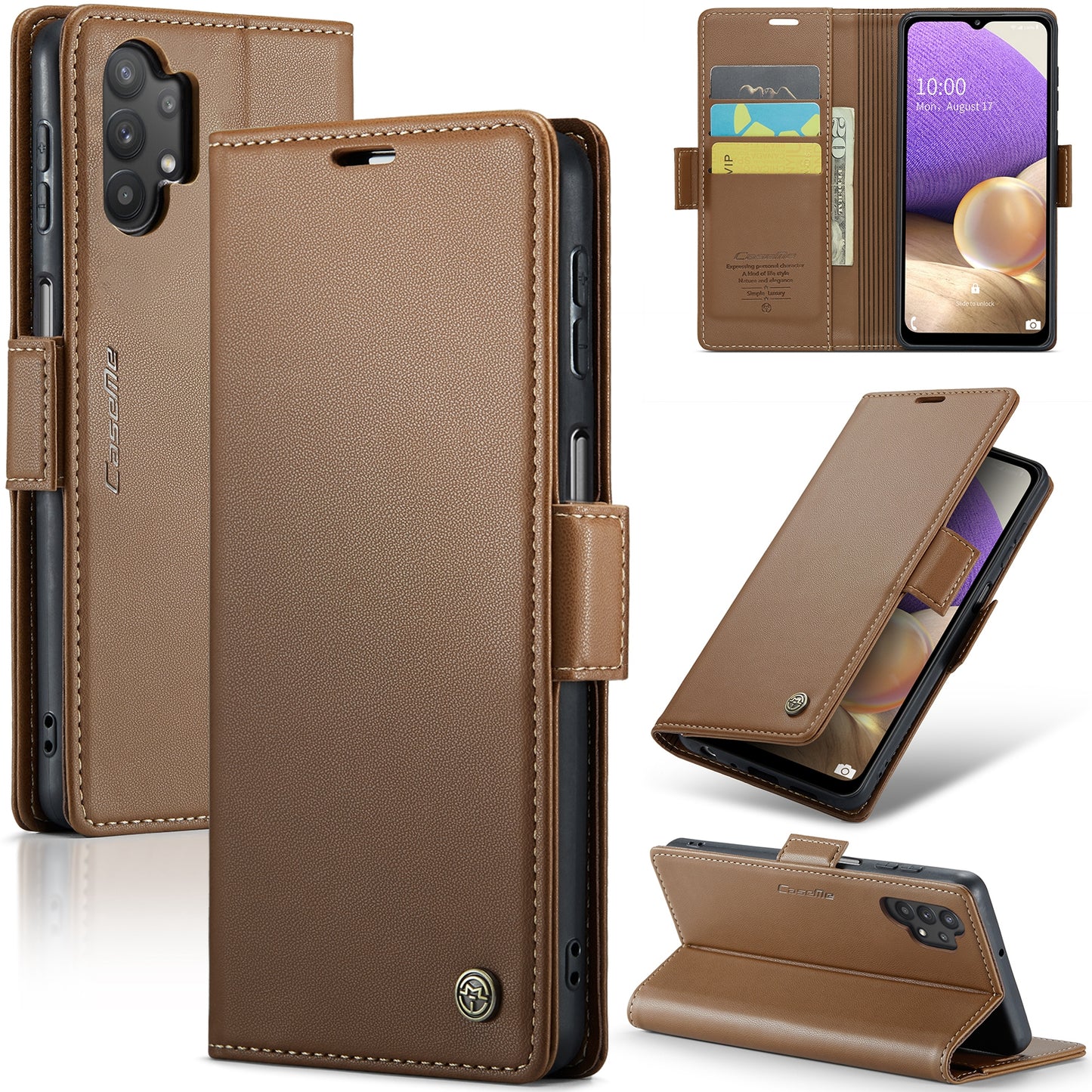 Caseme 023 Series For Samsung Galaxy A32 5G / M32 5G RFID Blocking Phone Wallet Case PU Leather Stand Phone Cover - Brown