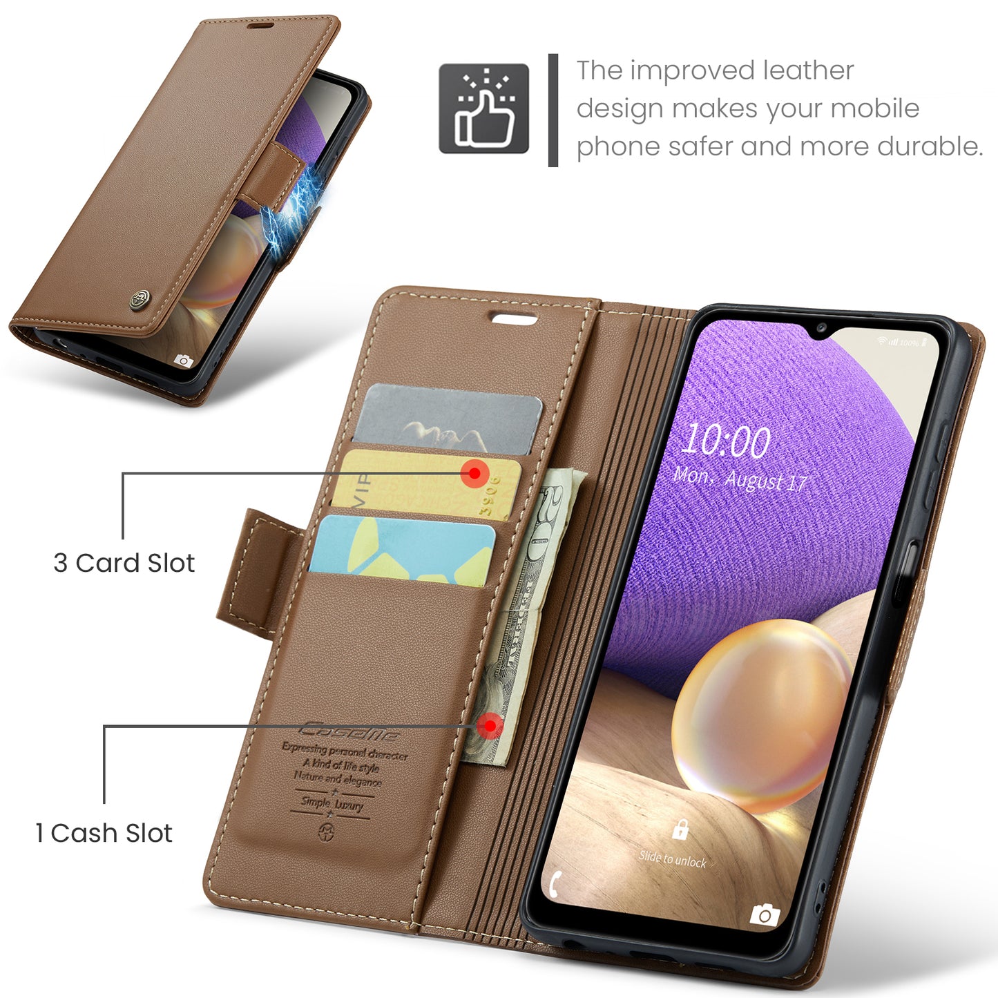 Caseme 023 Series For Samsung Galaxy A32 5G / M32 5G RFID Blocking Phone Wallet Case PU Leather Stand Phone Cover - Brown