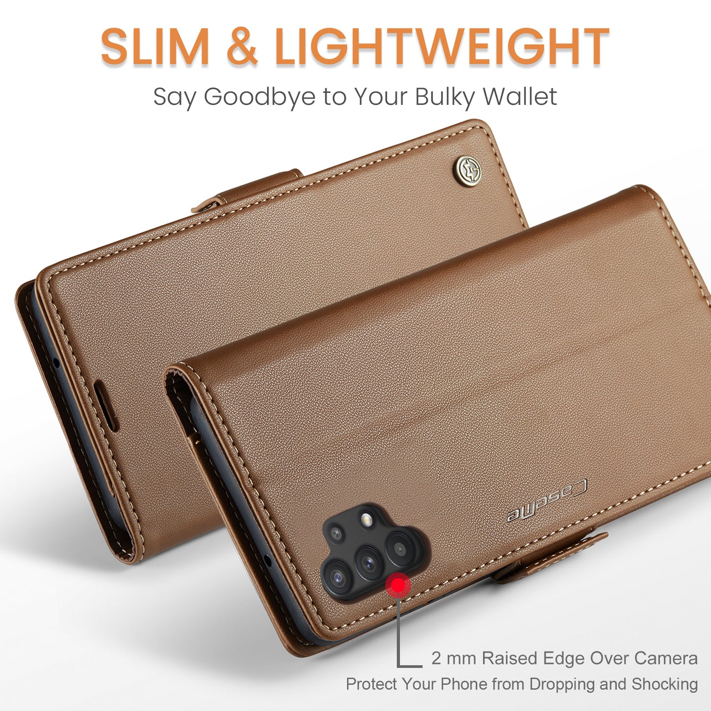 Caseme 023 Series For Samsung Galaxy A32 5G / M32 5G RFID Blocking Phone Wallet Case PU Leather Stand Phone Cover - Brown