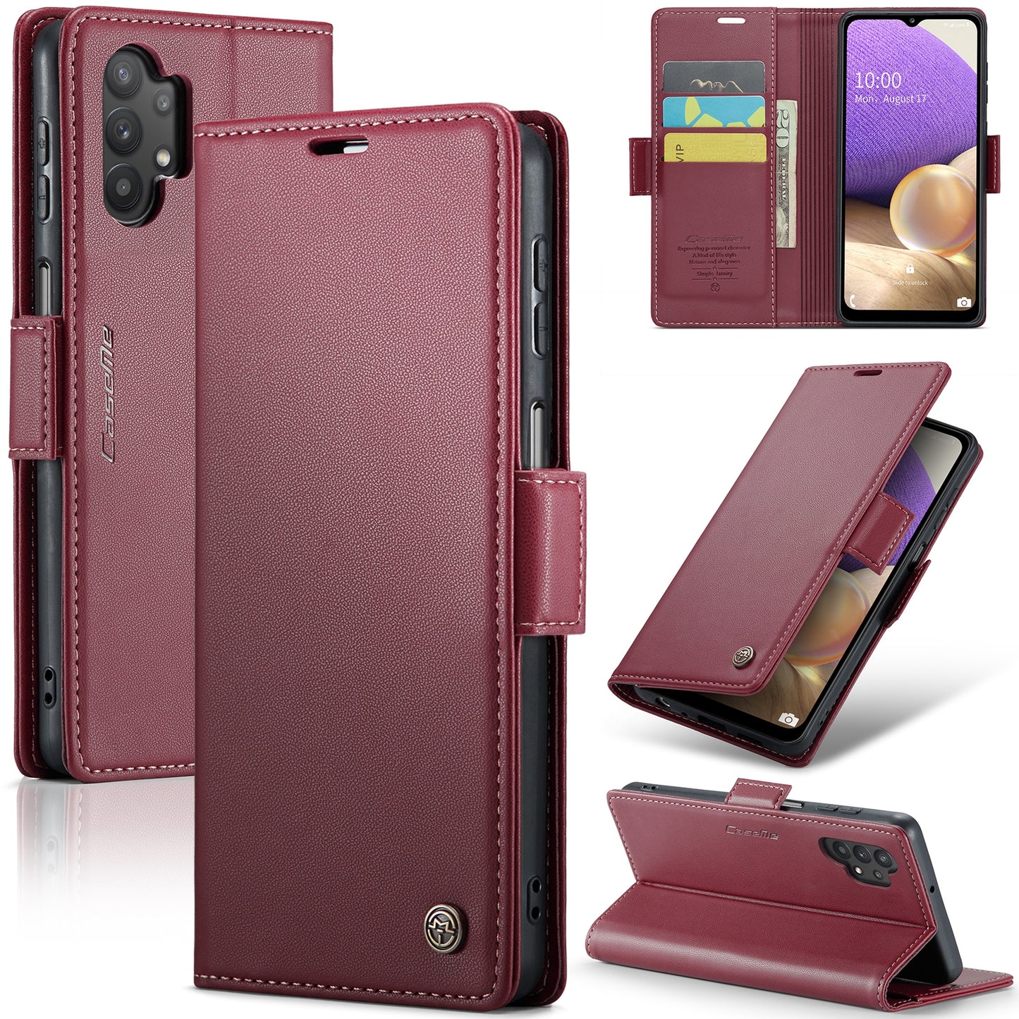 Caseme 023 Series For Samsung Galaxy A32 5G / M32 5G RFID Blocking Phone Wallet Case PU Leather Stand Phone Cover - Red