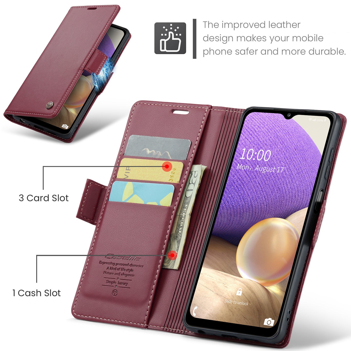 Caseme 023 Series For Samsung Galaxy A32 5G / M32 5G RFID Blocking Phone Wallet Case PU Leather Stand Phone Cover - Red