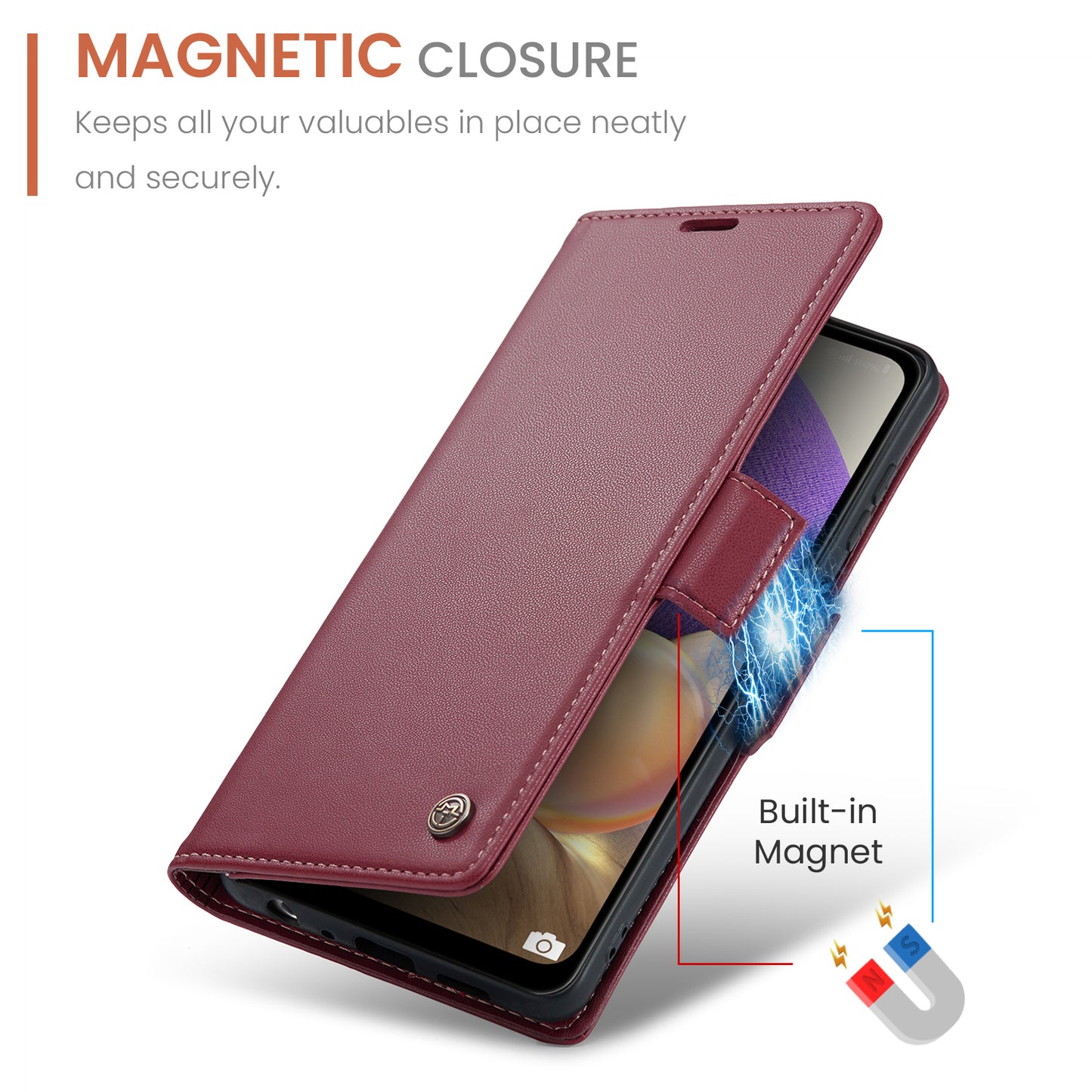 Caseme 023 Series For Samsung Galaxy A32 5G / M32 5G RFID Blocking Phone Wallet Case PU Leather Stand Phone Cover - Red