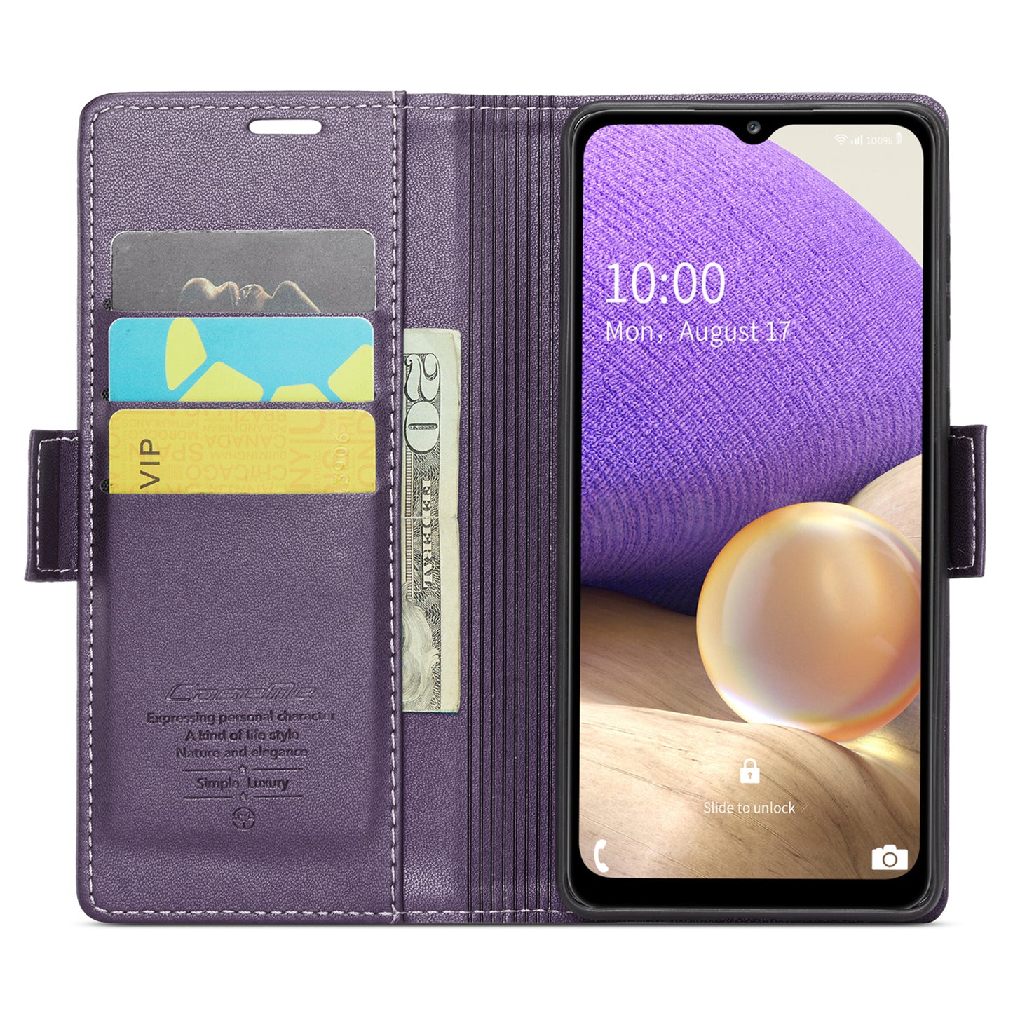 Caseme 023 Series For Samsung Galaxy A32 5G / M32 5G RFID Blocking Phone Wallet Case PU Leather Stand Phone Cover - Purple