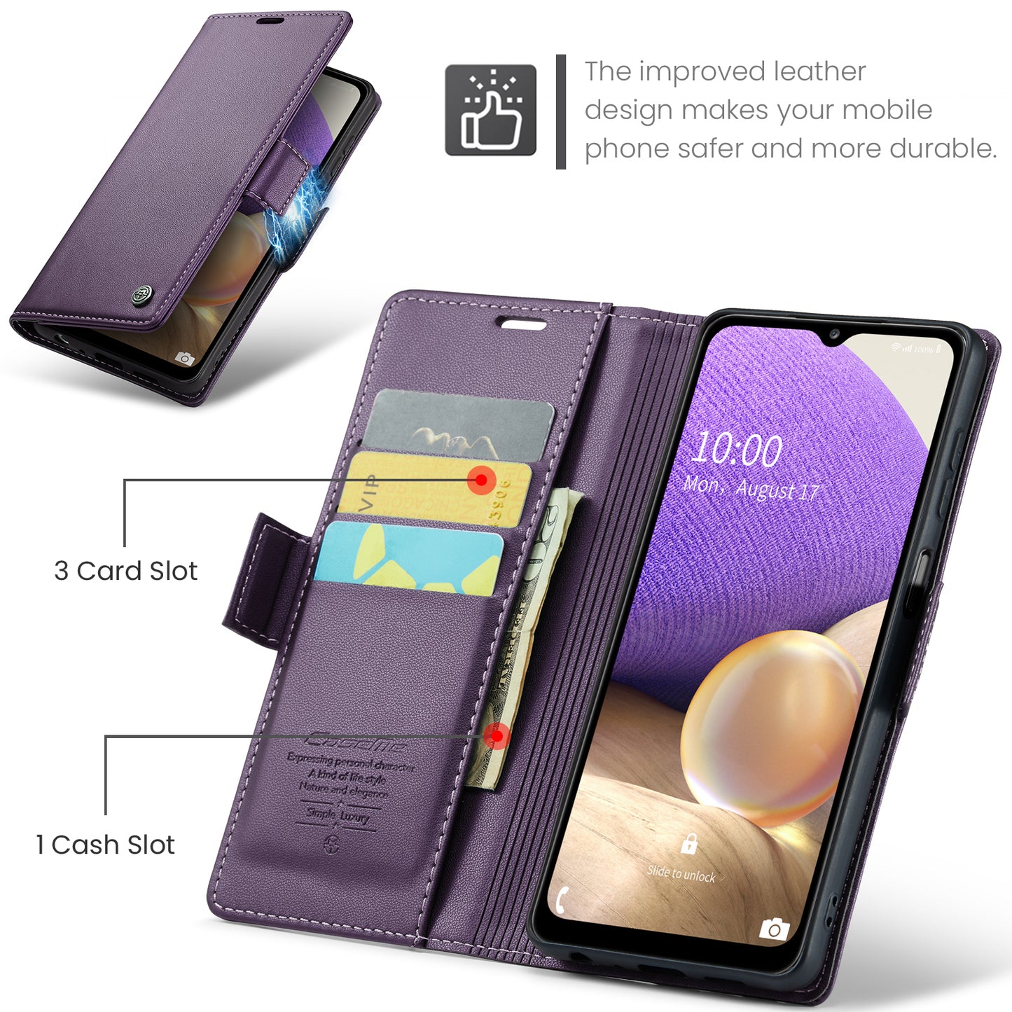 Caseme 023 Series For Samsung Galaxy A32 5G / M32 5G RFID Blocking Phone Wallet Case PU Leather Stand Phone Cover - Purple