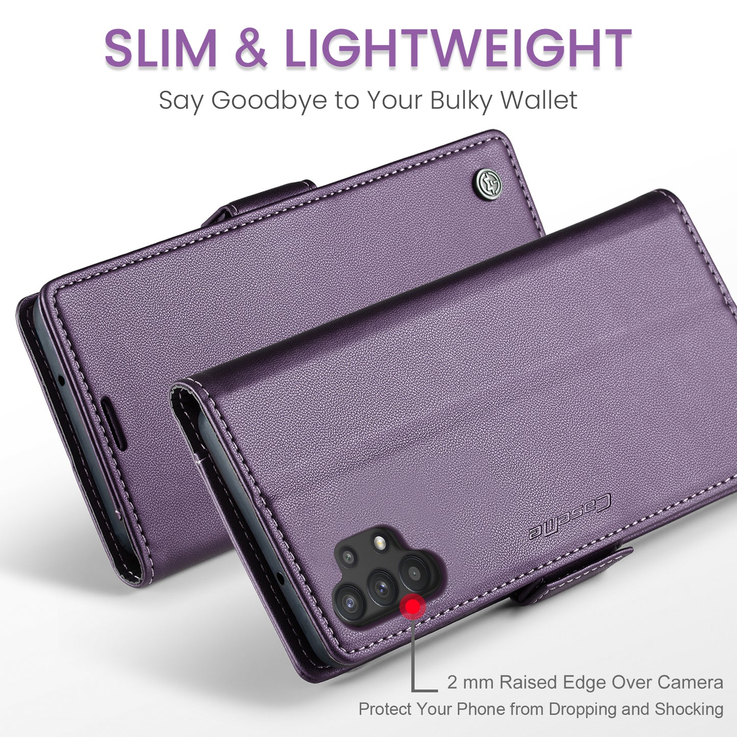 Caseme 023 Series For Samsung Galaxy A32 5G / M32 5G RFID Blocking Phone Wallet Case PU Leather Stand Phone Cover - Purple