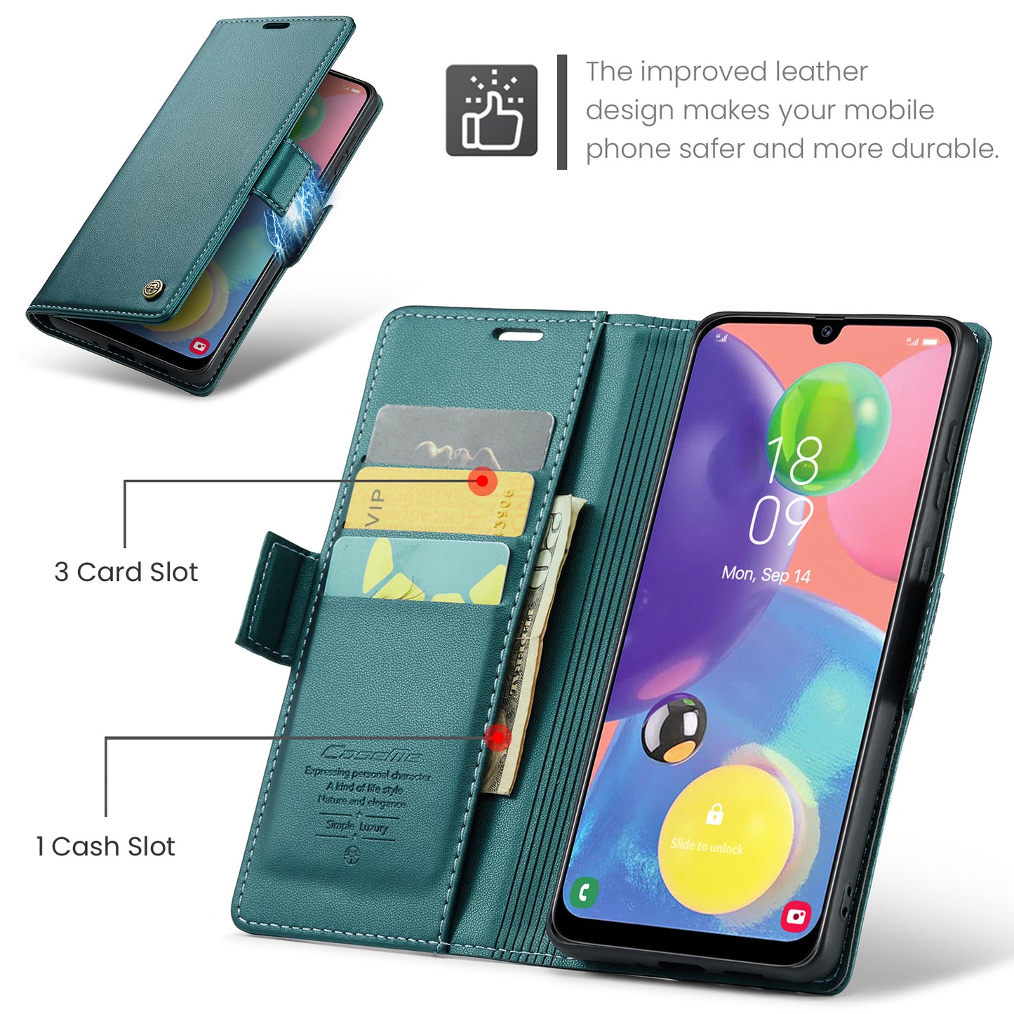 Caseme 023 Series For Samsung Galaxy A70 / A70s Wallet Stand Phone Leather Case RFID Blocking Phone Cover - Green
