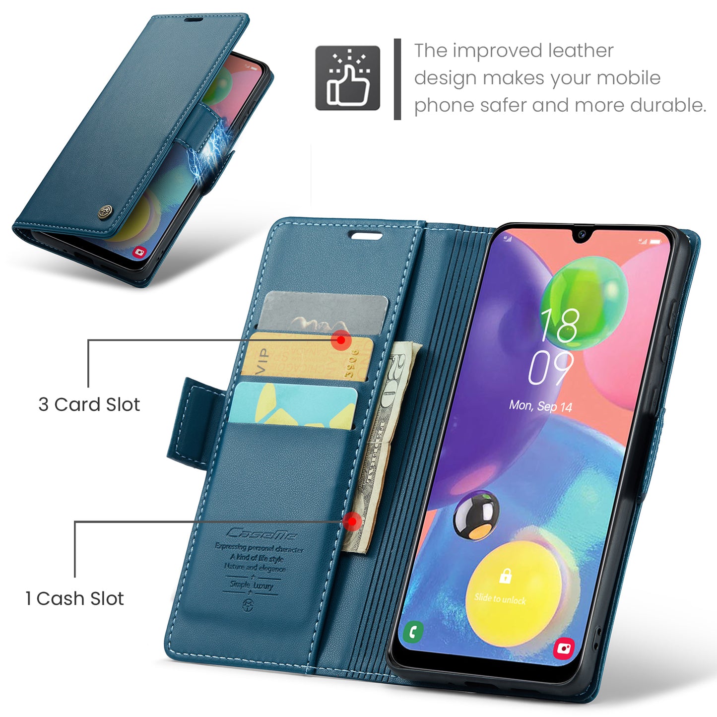 Caseme 023 Series For Samsung Galaxy A70 / A70s Wallet Stand Phone Leather Case RFID Blocking Phone Cover - Blue