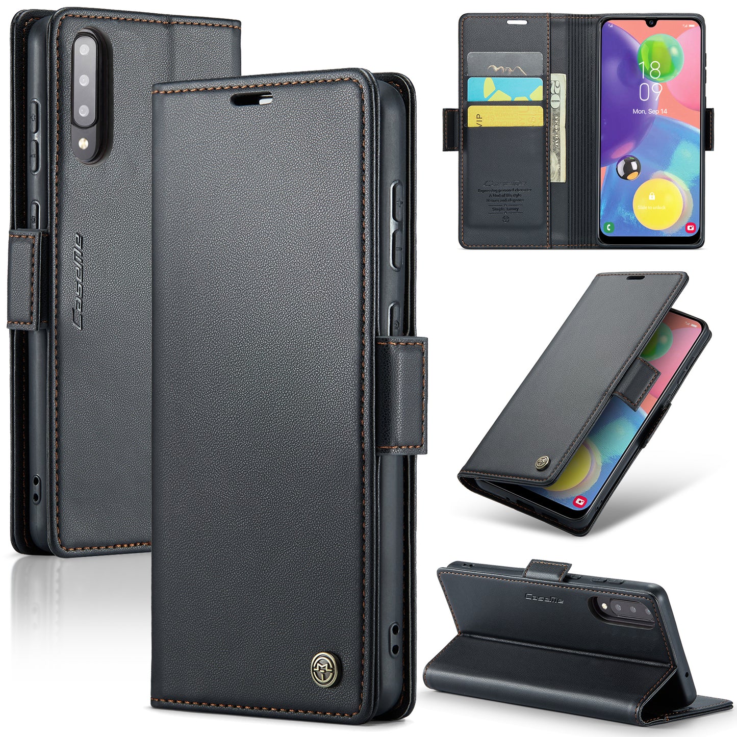 Caseme 023 Series For Samsung Galaxy A70 / A70s Wallet Stand Phone Leather Case RFID Blocking Phone Cover - Black