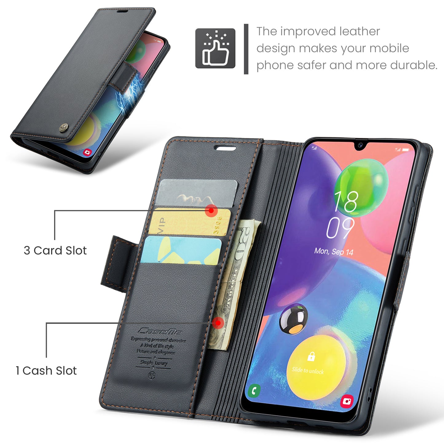 Caseme 023 Series For Samsung Galaxy A70 / A70s Wallet Stand Phone Leather Case RFID Blocking Phone Cover - Black