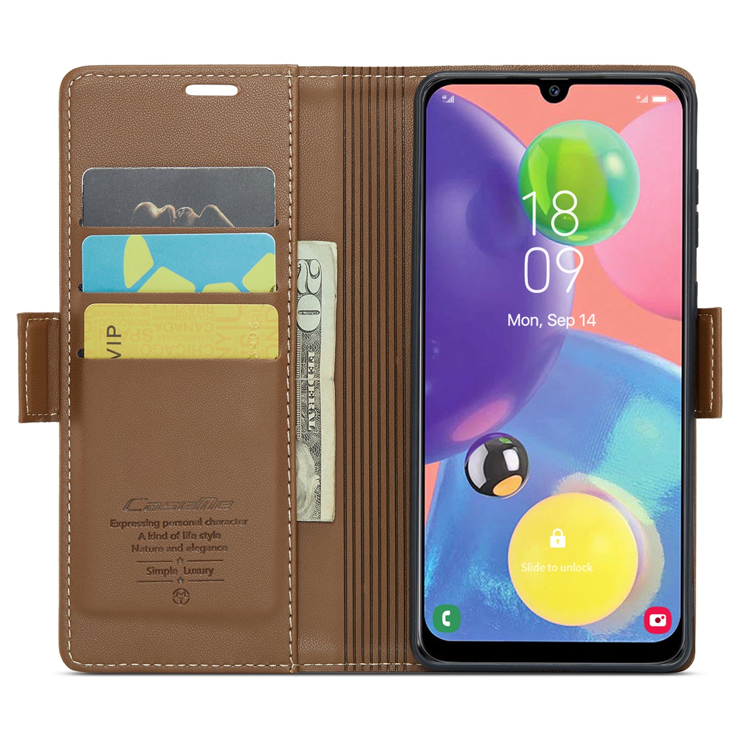 Caseme 023 Series For Samsung Galaxy A70 / A70s Wallet Stand Phone Leather Case RFID Blocking Phone Cover - Brown