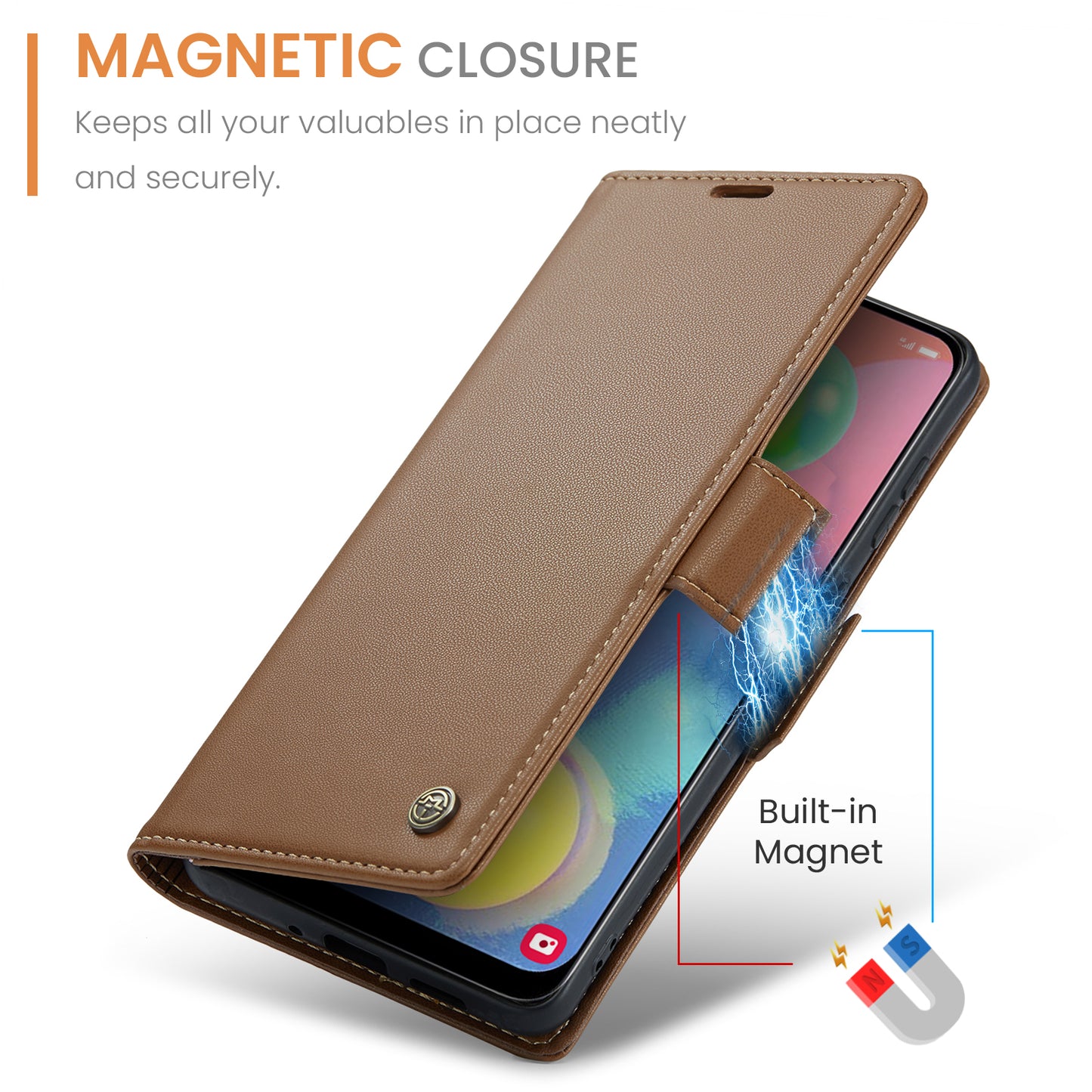 Caseme 023 Series For Samsung Galaxy A70 / A70s Wallet Stand Phone Leather Case RFID Blocking Phone Cover - Brown