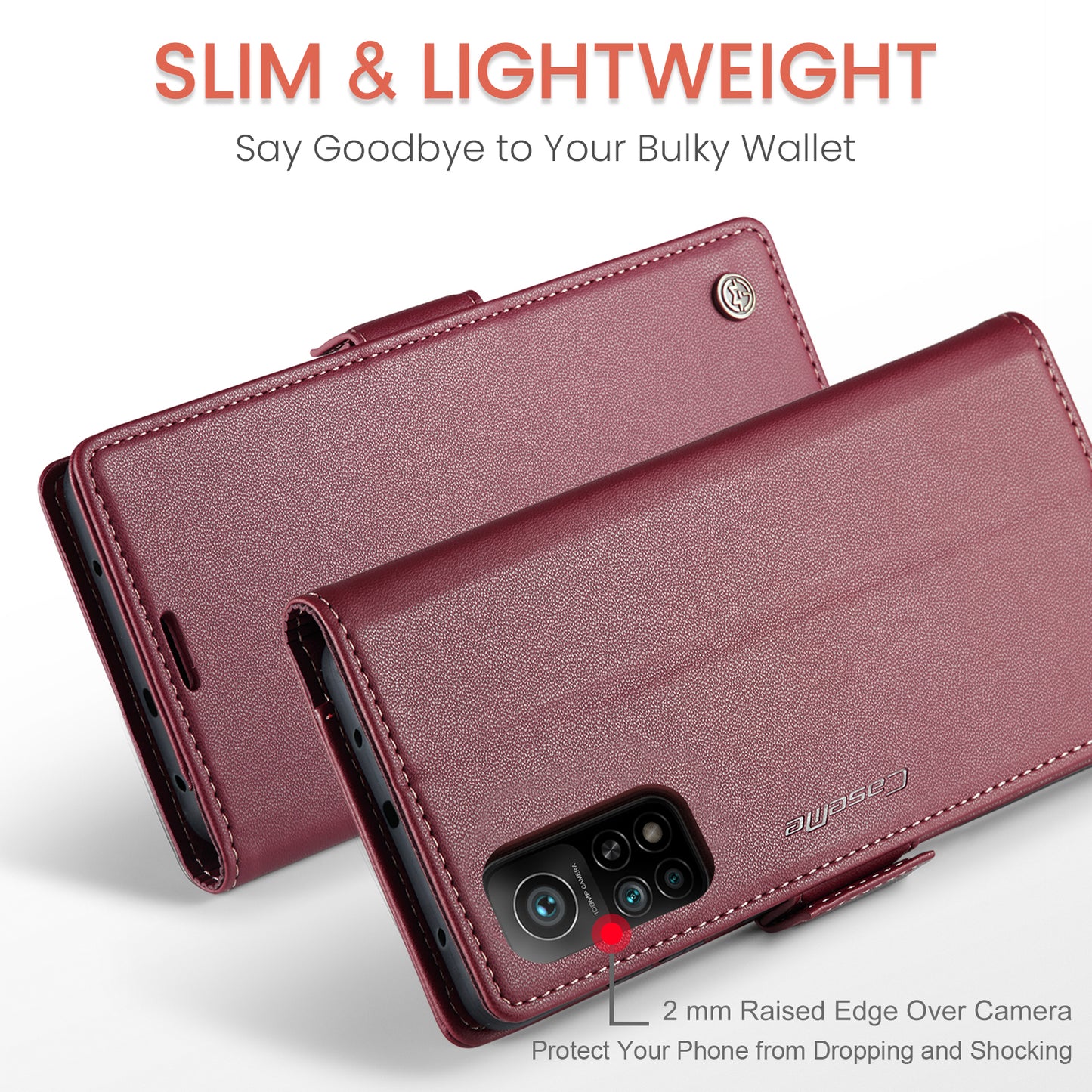 Caseme 023 Series For Xiaomi Mi 10T 5G / Mi 10T Pro 5G / Redmi K30S RFID Blocking PU Leather Wallet Case Stand Phone Cover - Red