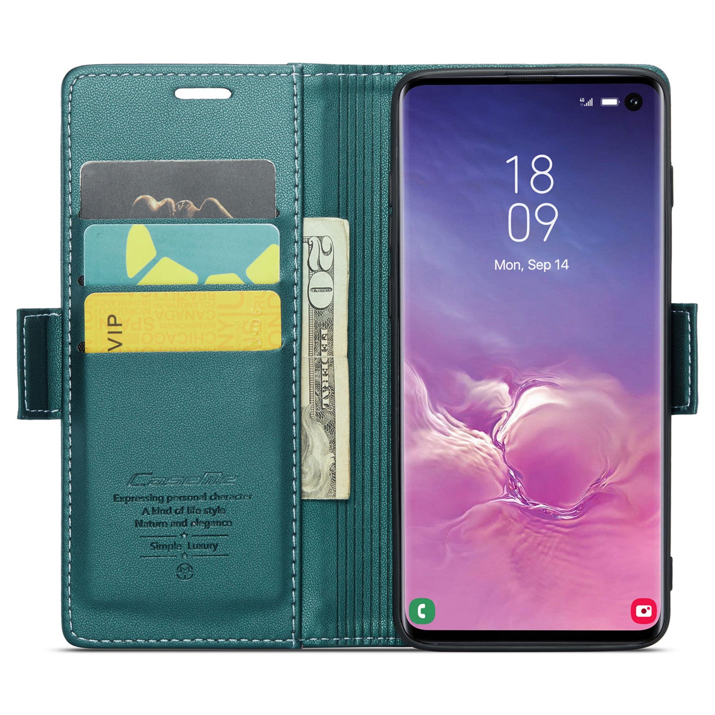 Caseme 023 Series For Samsung Galaxy S10 PU Leather RFID Blocking Case Wallet Stand Phone Cover - Green