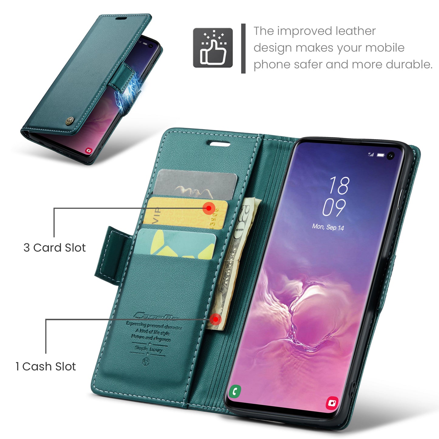 Caseme 023 Series For Samsung Galaxy S10 PU Leather RFID Blocking Case Wallet Stand Phone Cover - Green