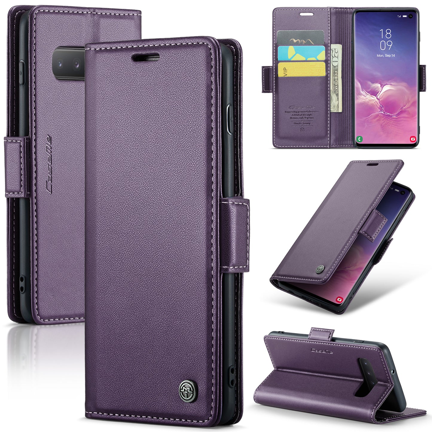 Caseme 023 Series For Samsung Galaxy S10 PU Leather RFID Blocking Case Wallet Stand Phone Cover - Purple
