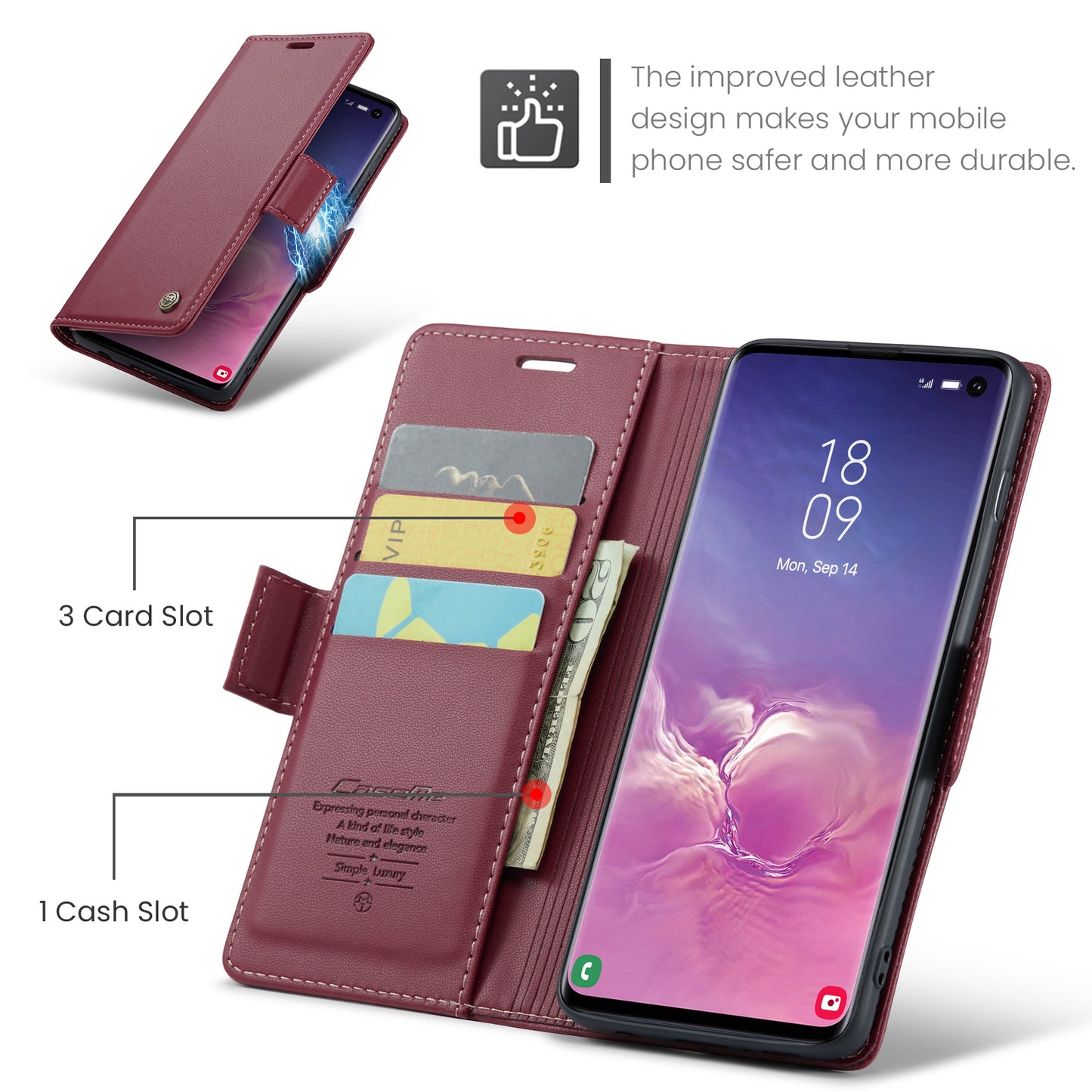 Caseme 023 Series For Samsung Galaxy S10 PU Leather RFID Blocking Case Wallet Stand Phone Cover - Red