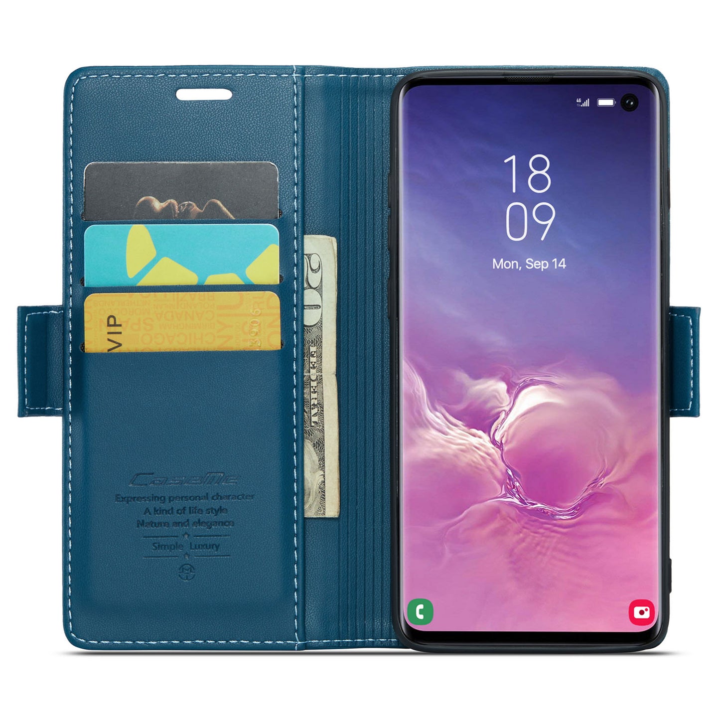 Caseme 023 Series For Samsung Galaxy S10 PU Leather RFID Blocking Case Wallet Stand Phone Cover - Blue