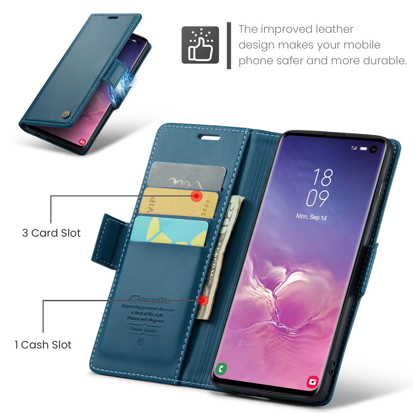 Caseme 023 Series For Samsung Galaxy S10 PU Leather RFID Blocking Case Wallet Stand Phone Cover - Blue