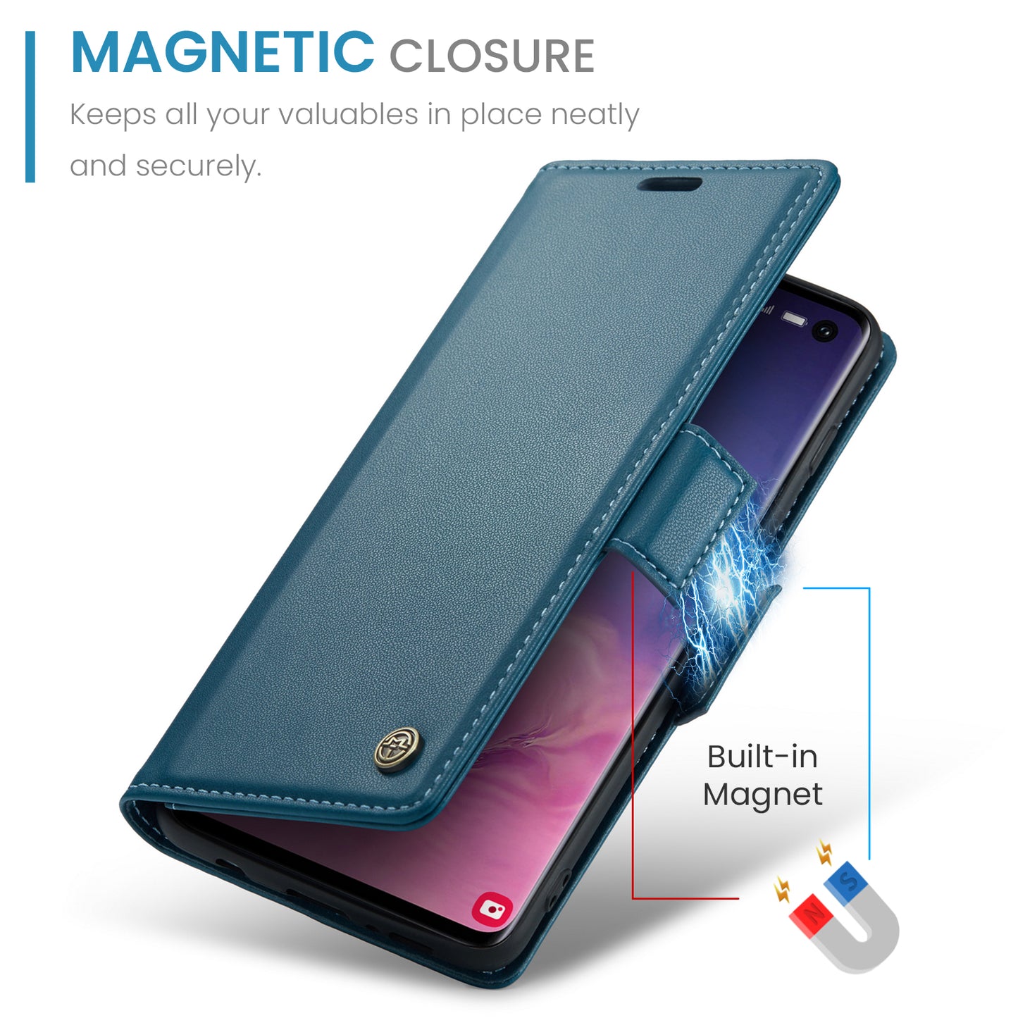 Caseme 023 Series For Samsung Galaxy S10 PU Leather RFID Blocking Case Wallet Stand Phone Cover - Blue