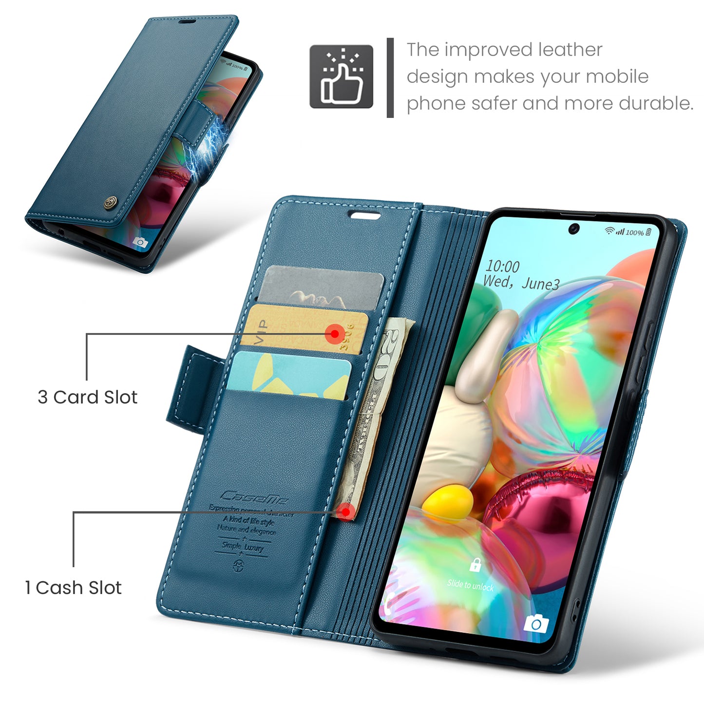 Caseme 023 Series For Samsung Galaxy A71 4G SM-A715 PU Leather Stand Phone Case RFID Blocking Wallet Cover - Blue