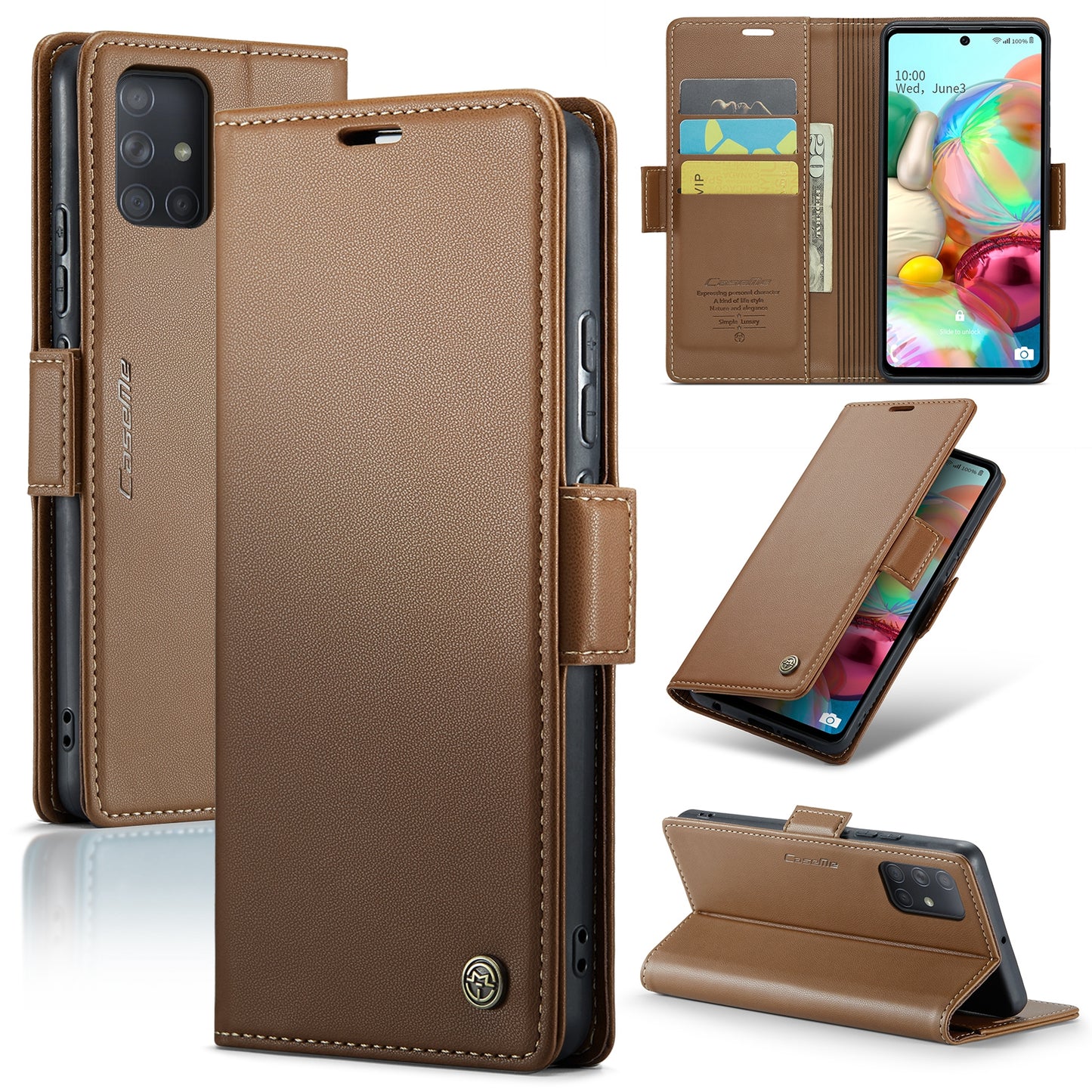 Caseme 023 Series For Samsung Galaxy A71 4G SM-A715 PU Leather Stand Phone Case RFID Blocking Wallet Cover - Brown