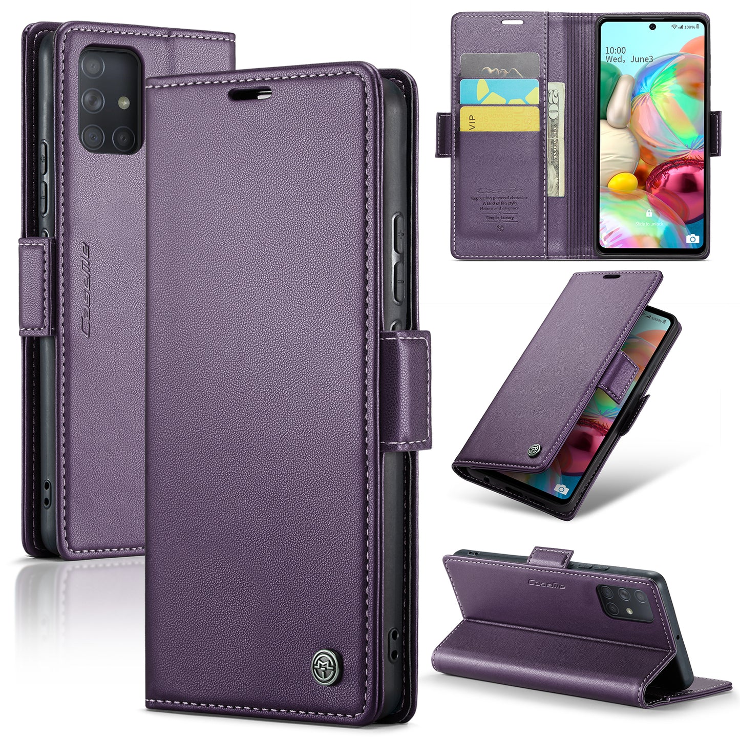 Caseme 023 Series For Samsung Galaxy A71 4G SM-A715 PU Leather Stand Phone Case RFID Blocking Wallet Cover - Purple