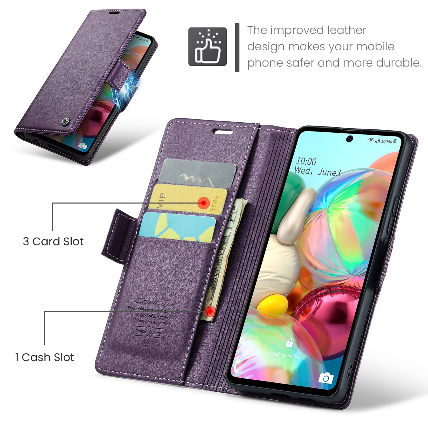 Caseme 023 Series For Samsung Galaxy A71 4G SM-A715 PU Leather Stand Phone Case RFID Blocking Wallet Cover - Purple