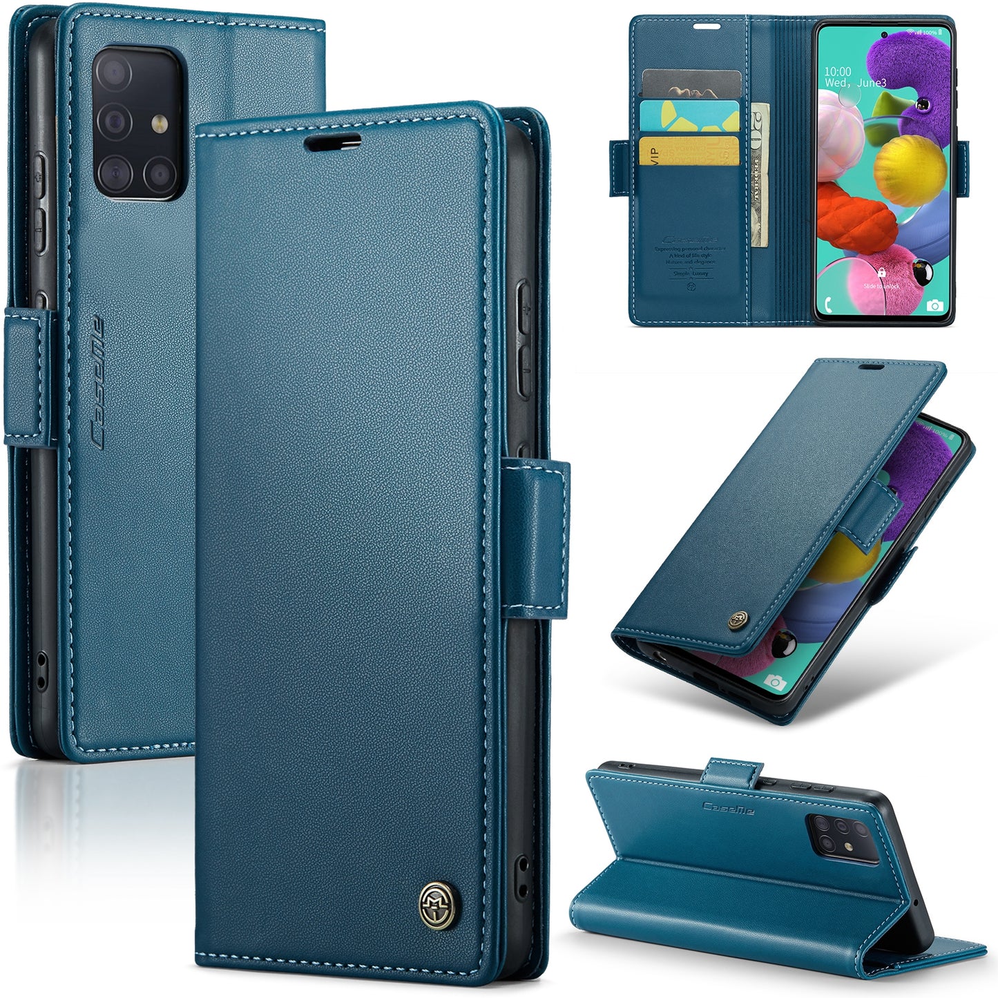 Caseme 023 Series Leather Phone Case for Samsung Galaxy A51 4G SM-A515 / M40S , Stand RFID Blocking Wallet Flip Cover - Blue