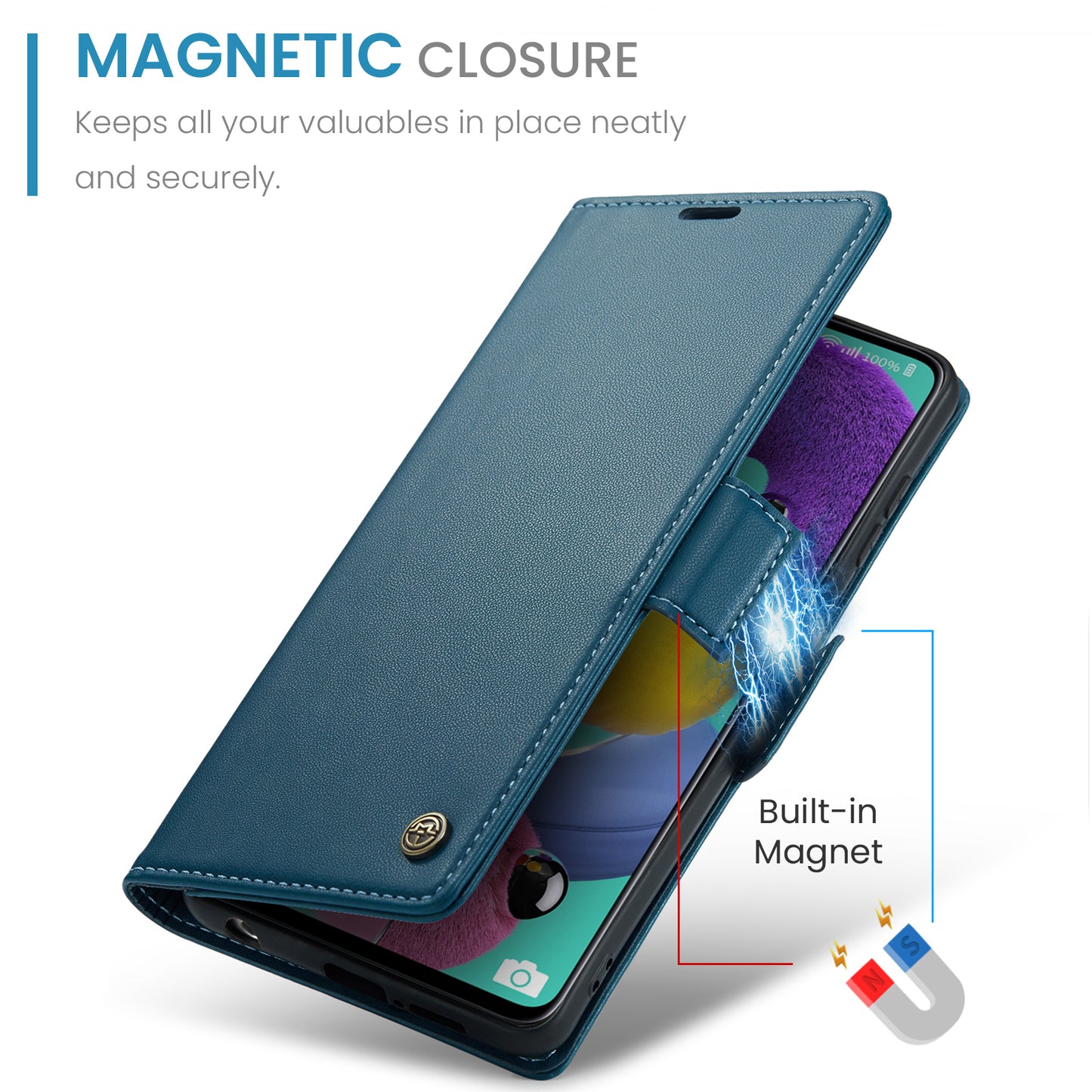 Caseme 023 Series Leather Phone Case for Samsung Galaxy A51 4G SM-A515 / M40S , Stand RFID Blocking Wallet Flip Cover - Blue