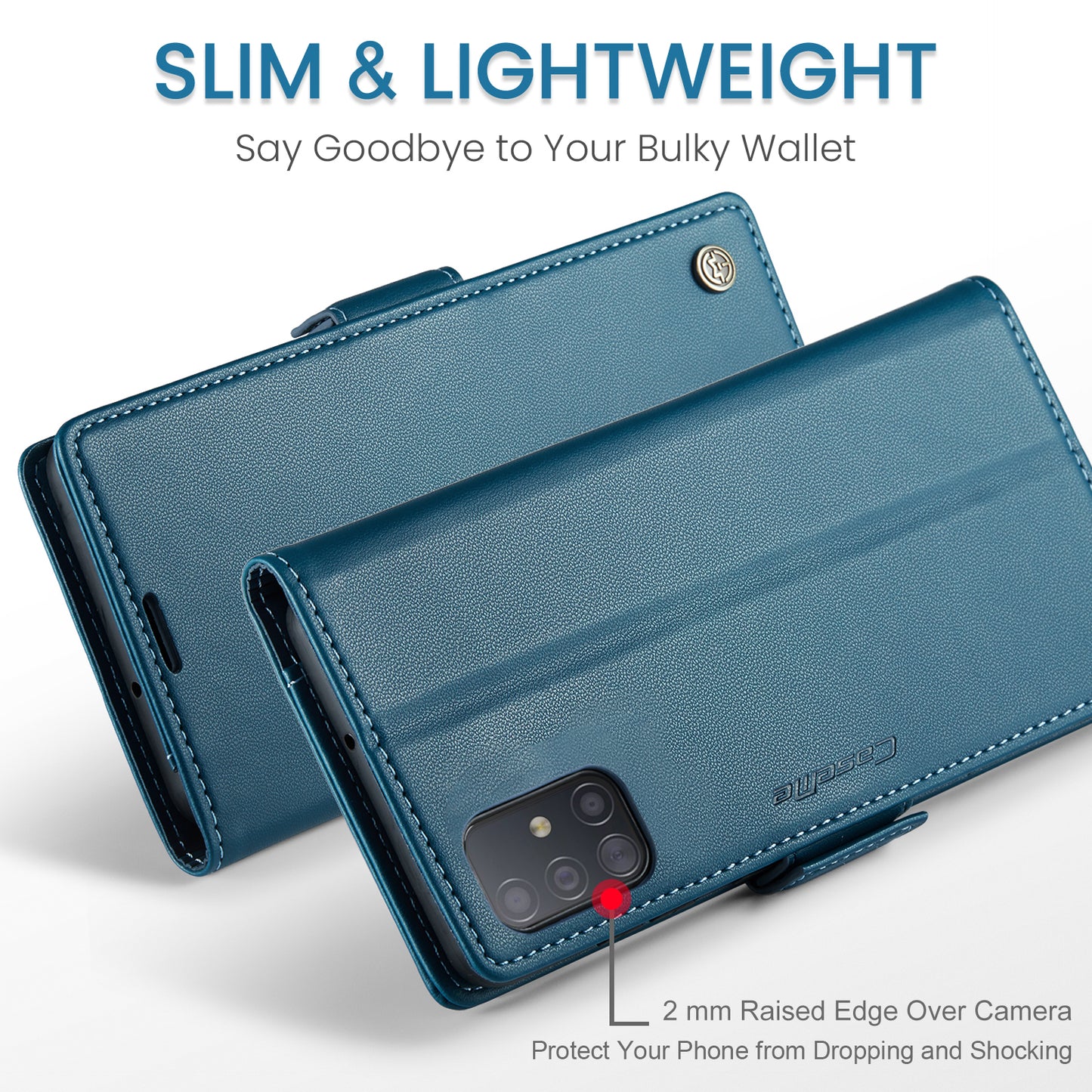 Caseme 023 Series Leather Phone Case for Samsung Galaxy A51 4G SM-A515 / M40S , Stand RFID Blocking Wallet Flip Cover - Blue