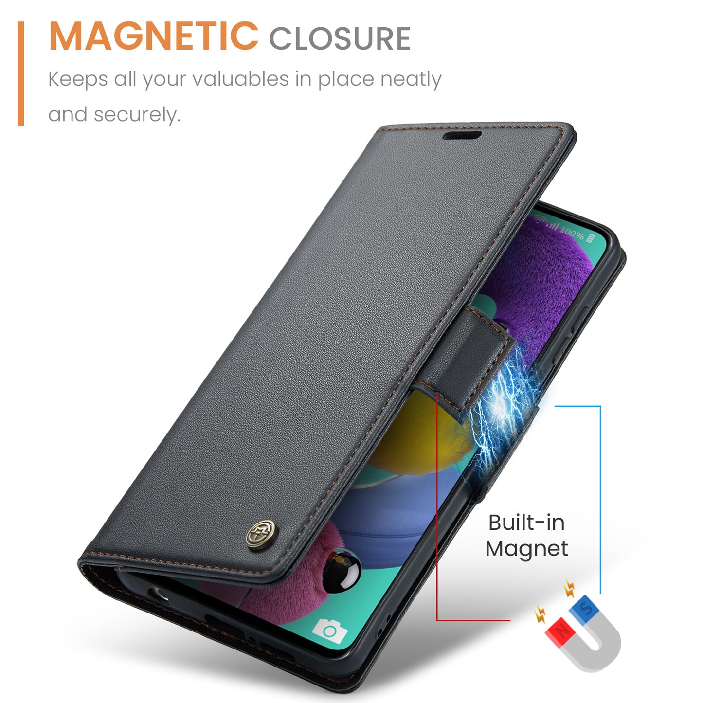 Caseme 023 Series Leather Phone Case for Samsung Galaxy A51 4G SM-A515 / M40S , Stand RFID Blocking Wallet Flip Cover - Black