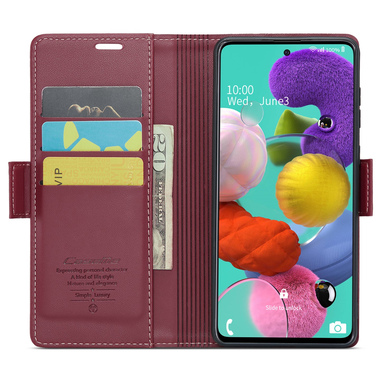 Caseme 023 Series Leather Phone Case for Samsung Galaxy A51 4G SM-A515 / M40S , Stand RFID Blocking Wallet Flip Cover - Red