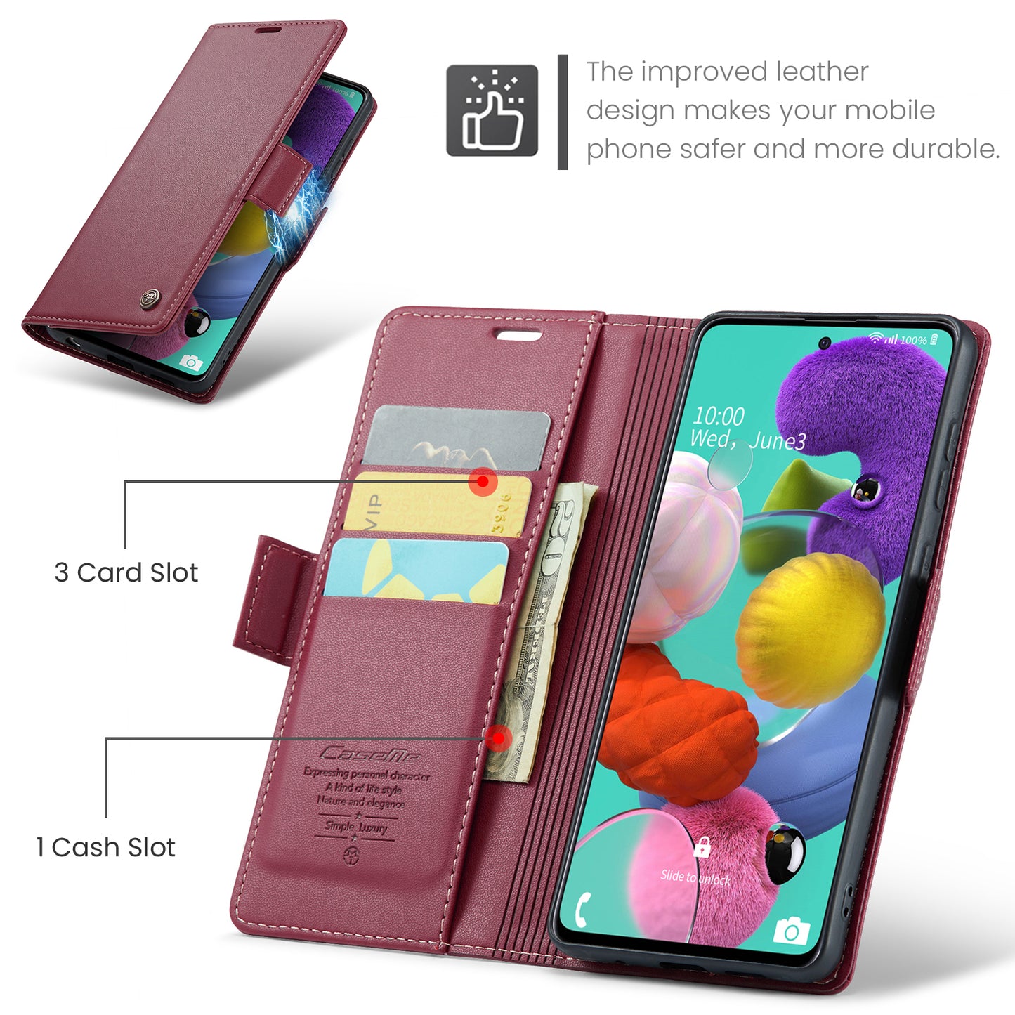 Caseme 023 Series Leather Phone Case for Samsung Galaxy A51 4G SM-A515 / M40S , Stand RFID Blocking Wallet Flip Cover - Red
