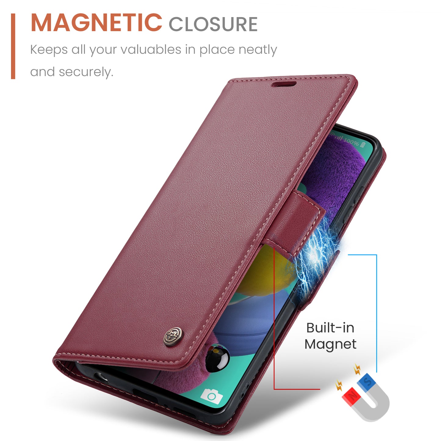 Caseme 023 Series Leather Phone Case for Samsung Galaxy A51 4G SM-A515 / M40S , Stand RFID Blocking Wallet Flip Cover - Red