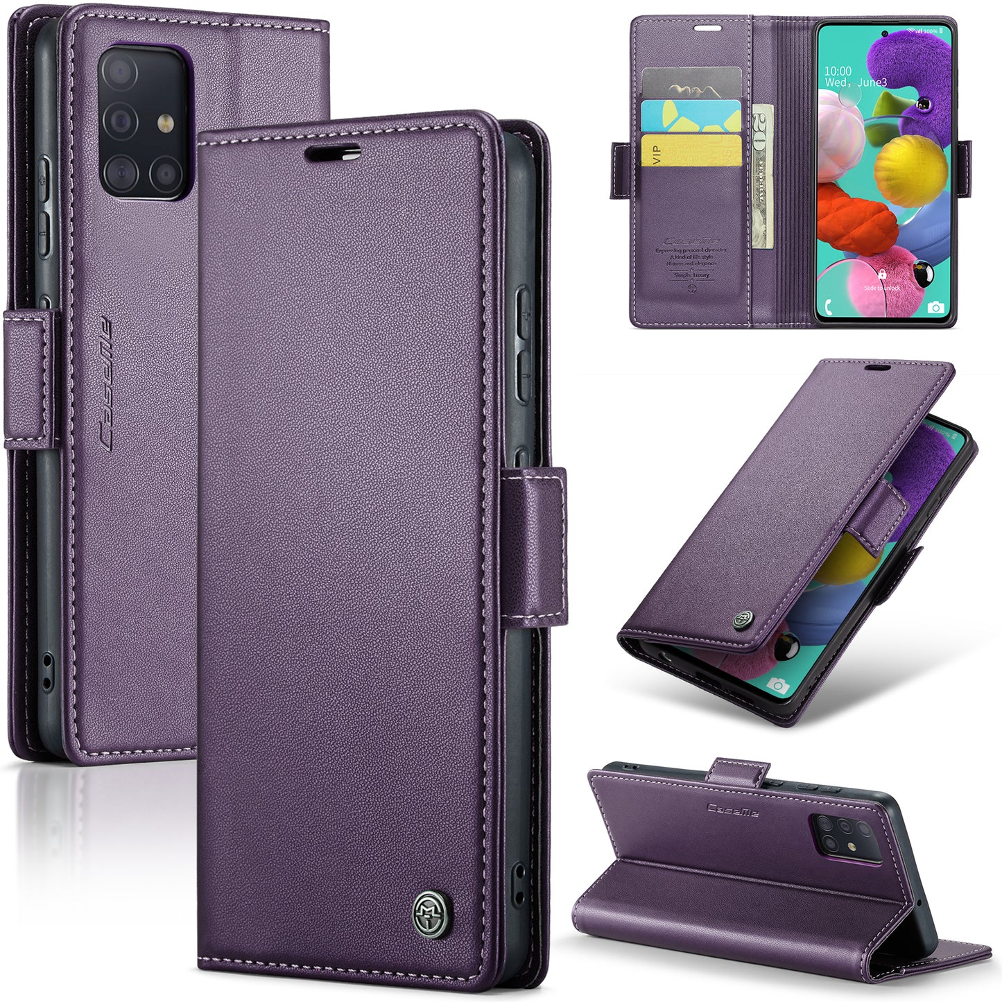 Caseme 023 Series Leather Phone Case for Samsung Galaxy A51 4G SM-A515 / M40S , Stand RFID Blocking Wallet Flip Cover - Purple